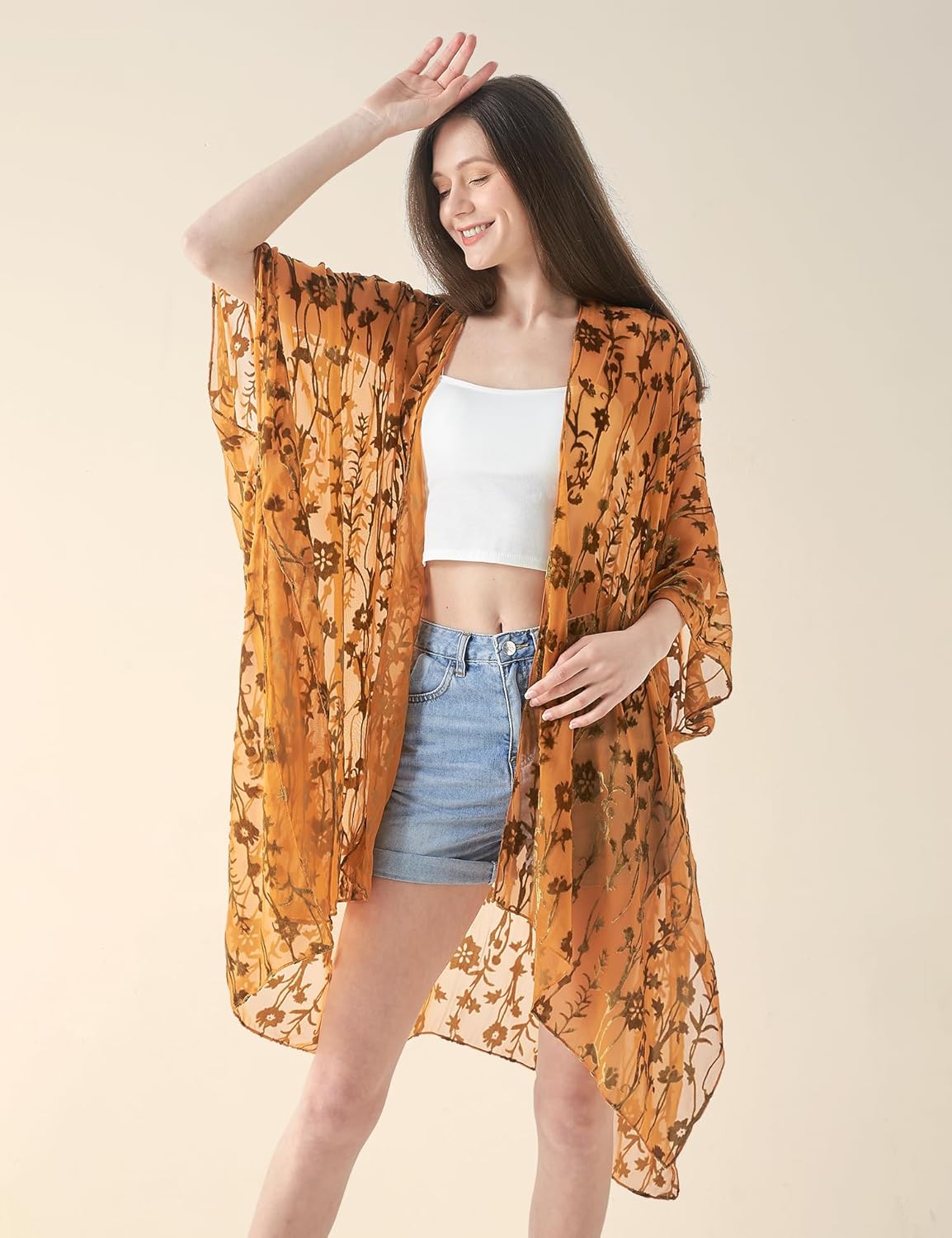 Women's Coverups Burnt-Out Velvet Cardigan Casual Outfit Long Cover Up Velvet Kimono