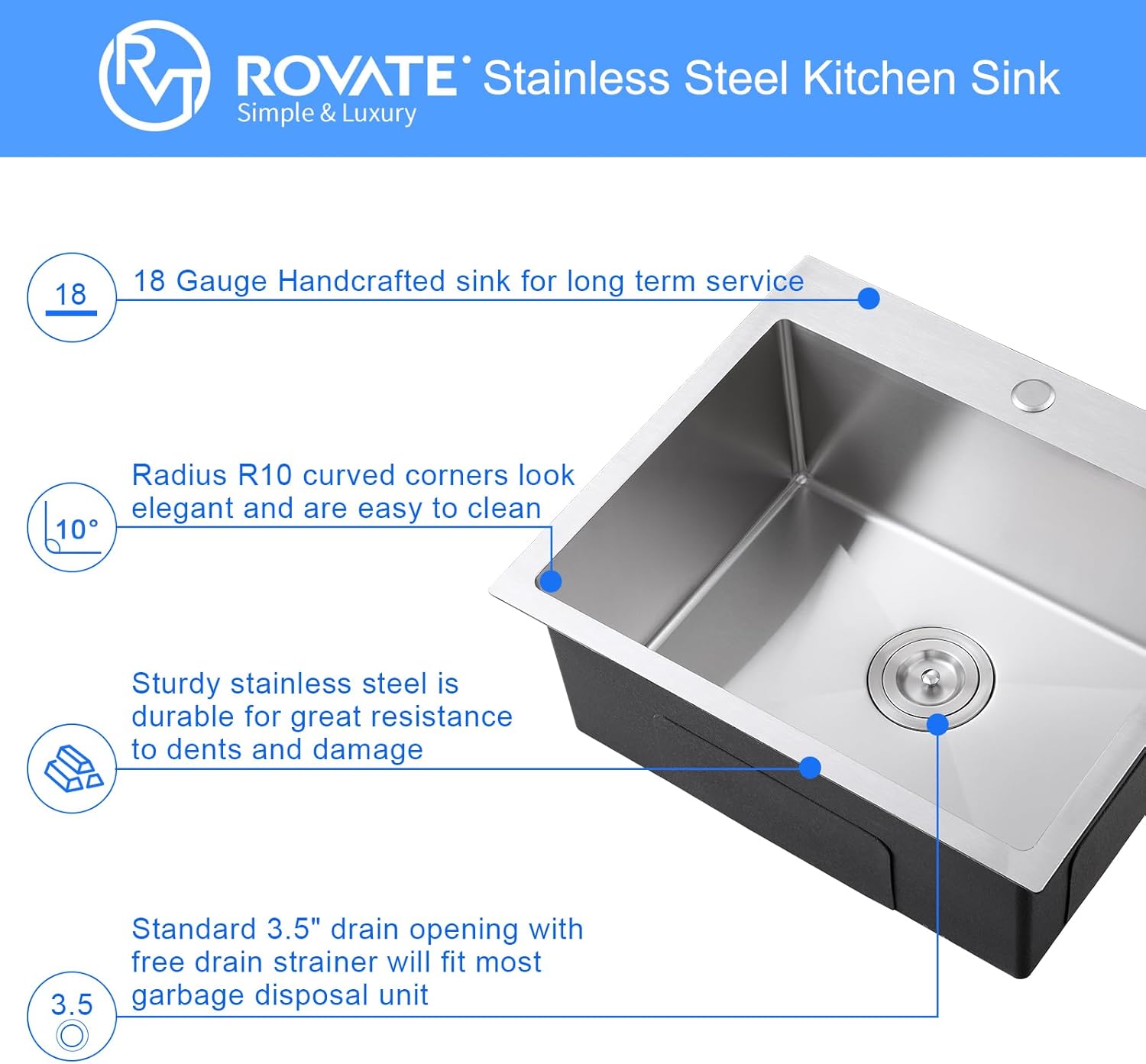ROVATE 22x18 inches Drop-in Kitchen Sink Single Bowl Stainless Steel with 1 Hole, Handmade Topmount Kitchen Sink with Basket Strainer