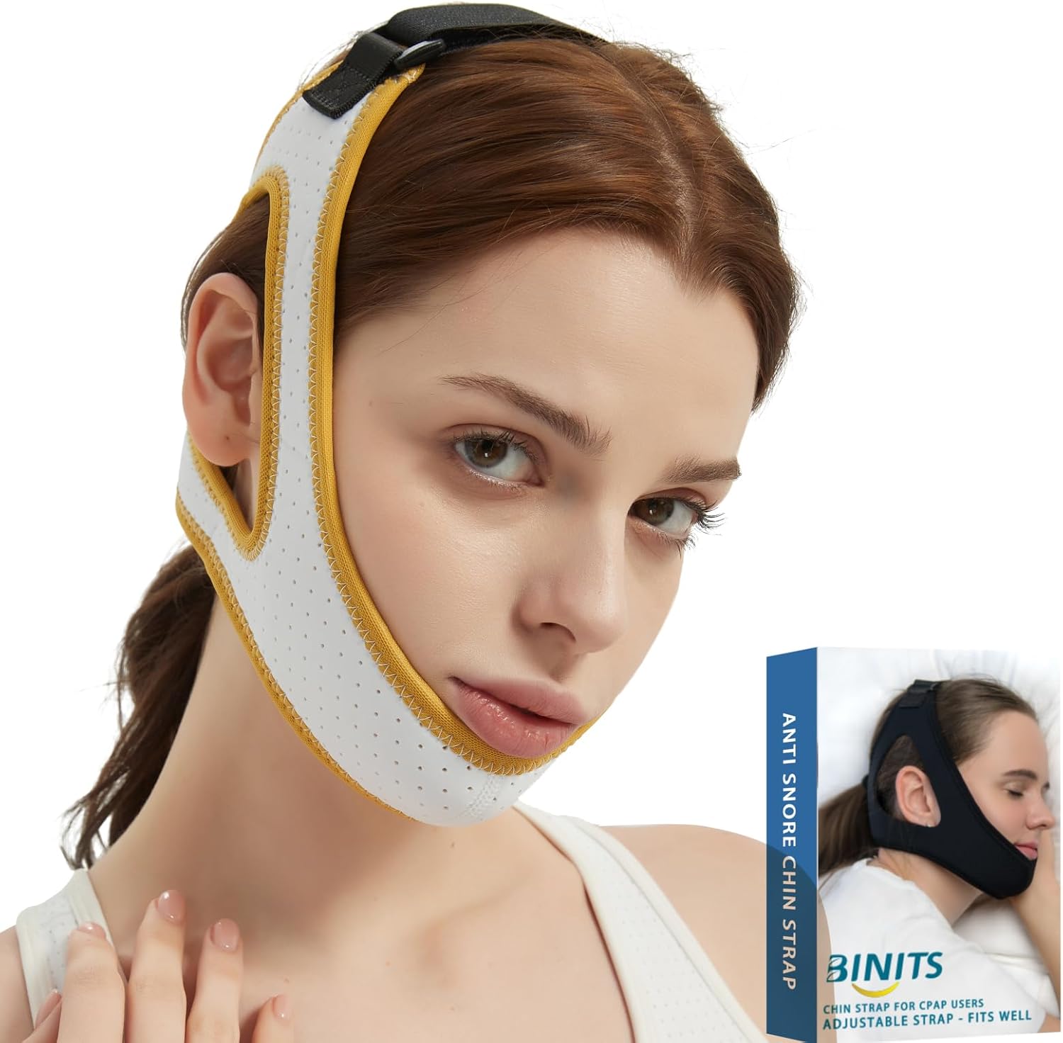 Chin Strap for CPAP User - Adjustable Snore Stopping Device Face Mask Bandage Keeping Mouth Closed - Better Night's Sleep No Dry Mouth Nasal Breathing for Women and Men (Yellow)