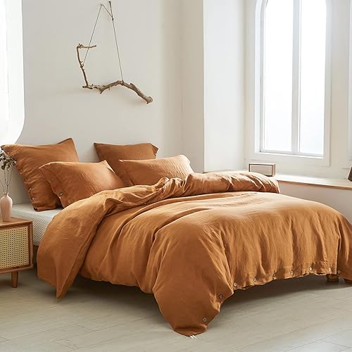 Miniatura 6 de Simple&Opulence - Juego de funda de edredón 100 % lino, 3 piezas con cierre de botón de coco, de lino francés lavado, color liso, suave,