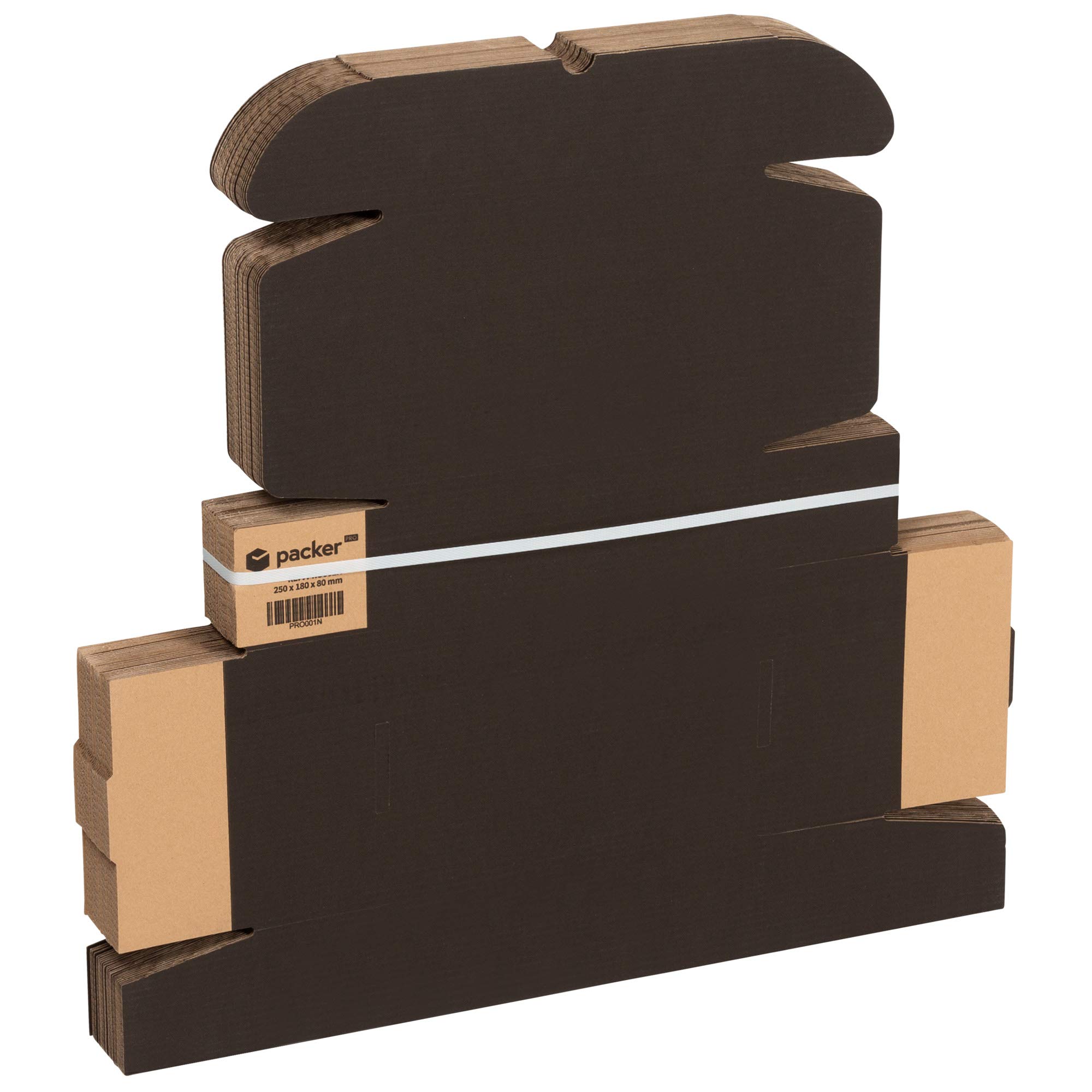 packer PRO Packung mit 25 Versandboxen aus Karton für Ecommerce und Geschenke, Schwarz, selbstmontierend, klein, 25 x 18 x 8 cm
