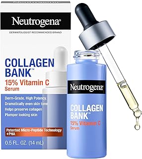 Neutrogena Collagen Bank 15% Vitamin C Face Serum, Vitamin C Serum for Face Helps Build Collagen for Glowing, Plumper Looking Skin, Uneven Skin Tone Treatment, Fragrance Free, 0.5 fl. oz