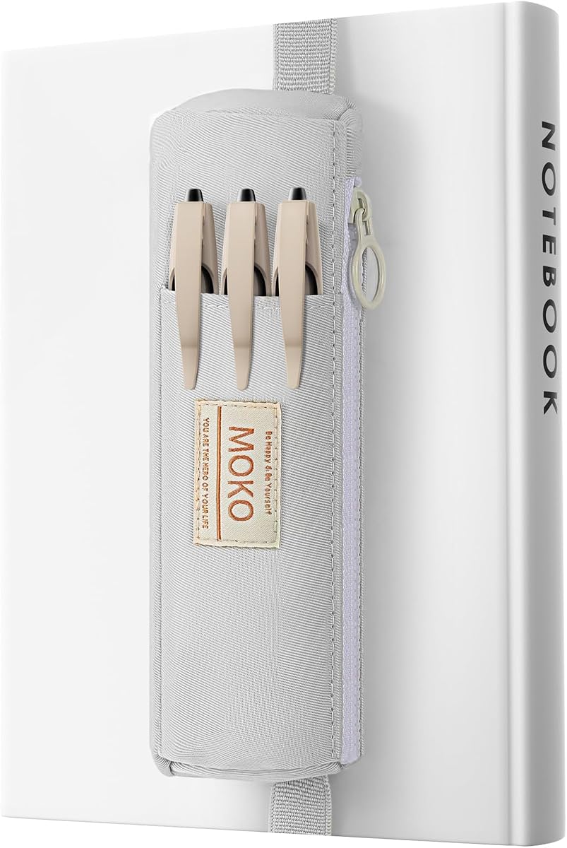 MoKo Portalápices elástico para cuaderno, bolsa con cremallera ajustable, gris | Se adapta a cuadernos, agendas y carpetas con una banda elástica de 7,5 a 14,6 pulgadas; La bolsa de 7,3 × 2 incluye un bolsillo exterior.