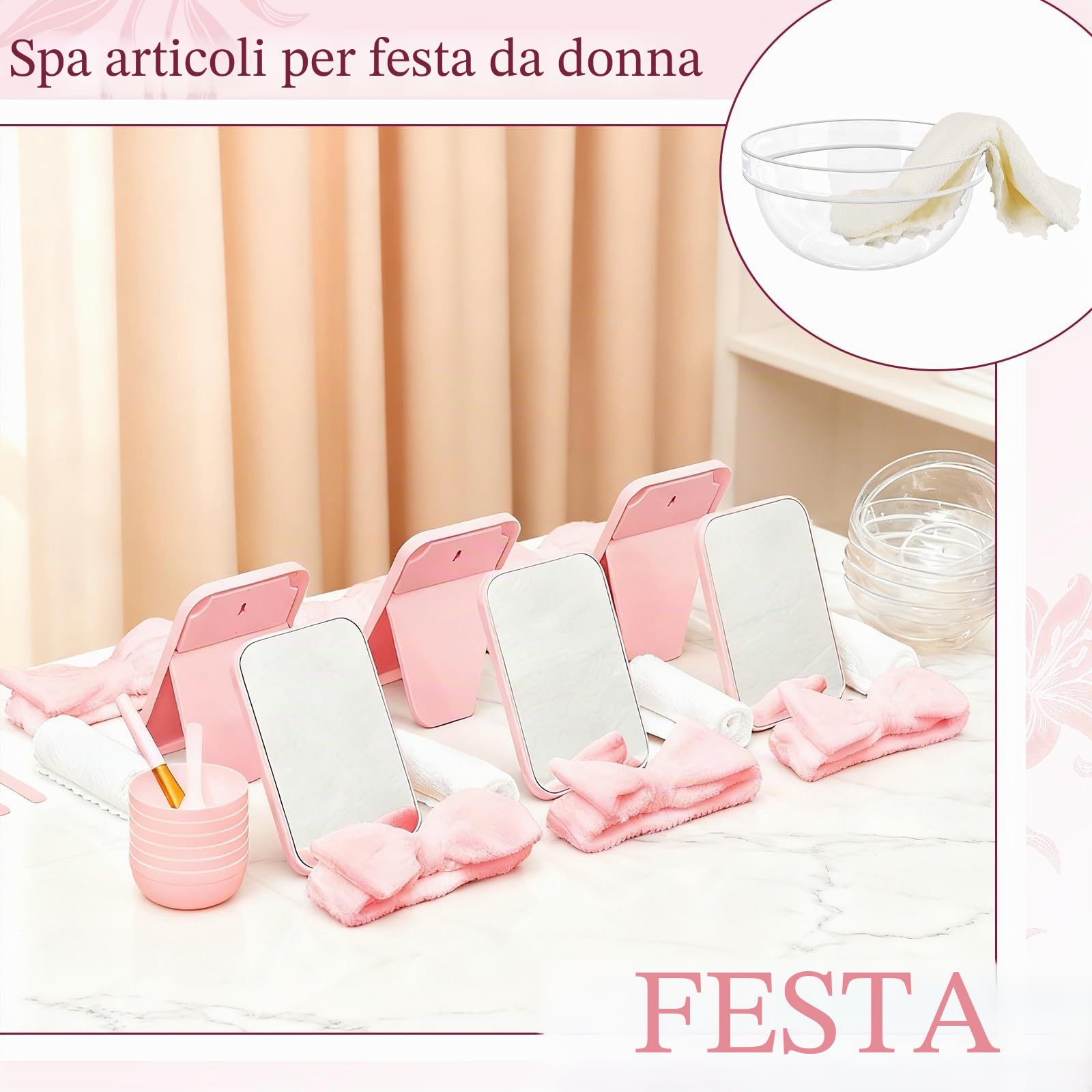 Set da 42 pezzi Spa Party Set per ragazze, spa con ciotole miste, specchietti per trucco, fasce per lavare, ciotole, pennelli per maschera, bacchette, accessori per feste (rosa)
