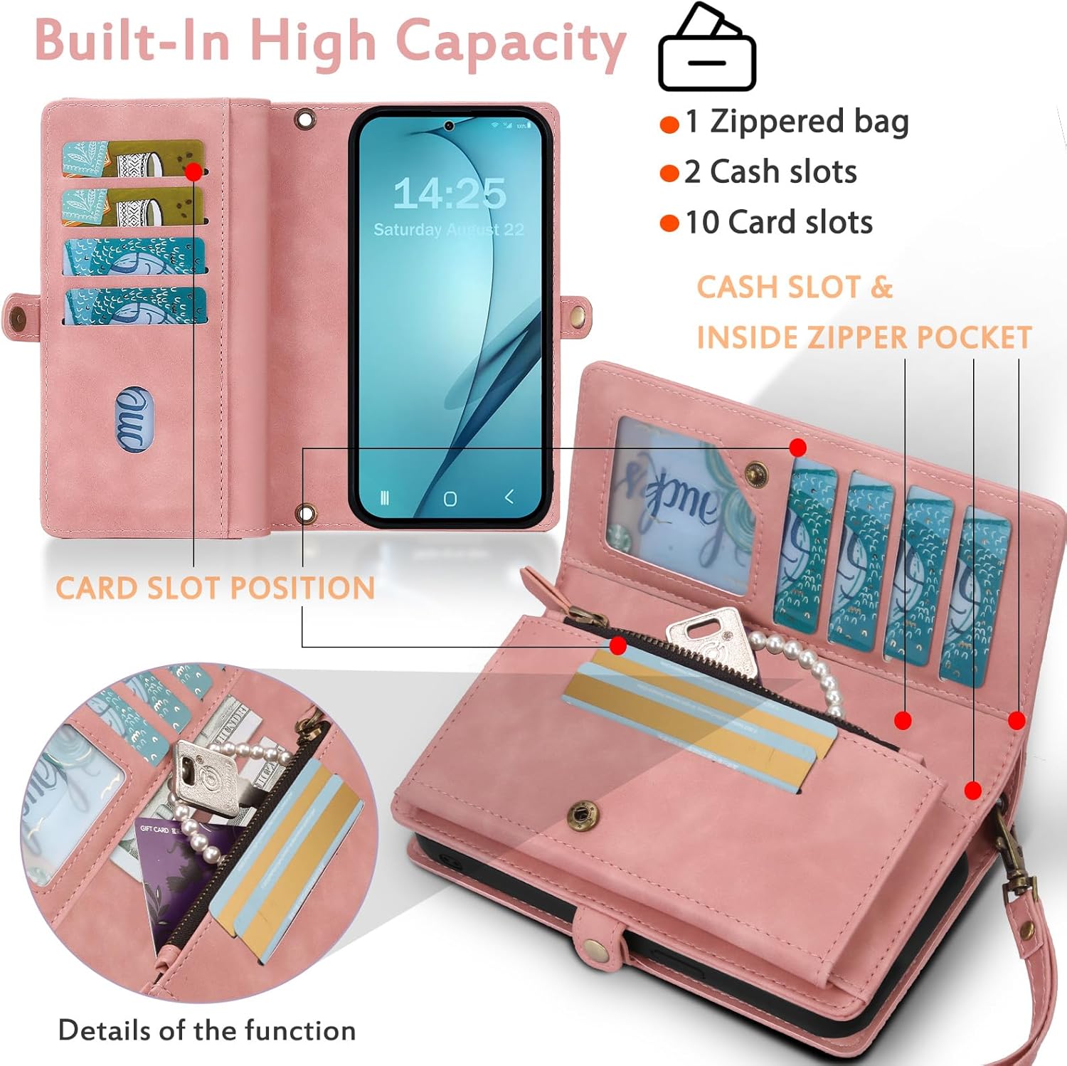 for Wallet Case Compatible with Samsumg Galaxy S24 Plus Multi-Function Detachable 2 in 1 Magnetic Phone Case Wallet,Flip Strap Zipper Card Holder Phone Case with Shoulder Straps (Pink)