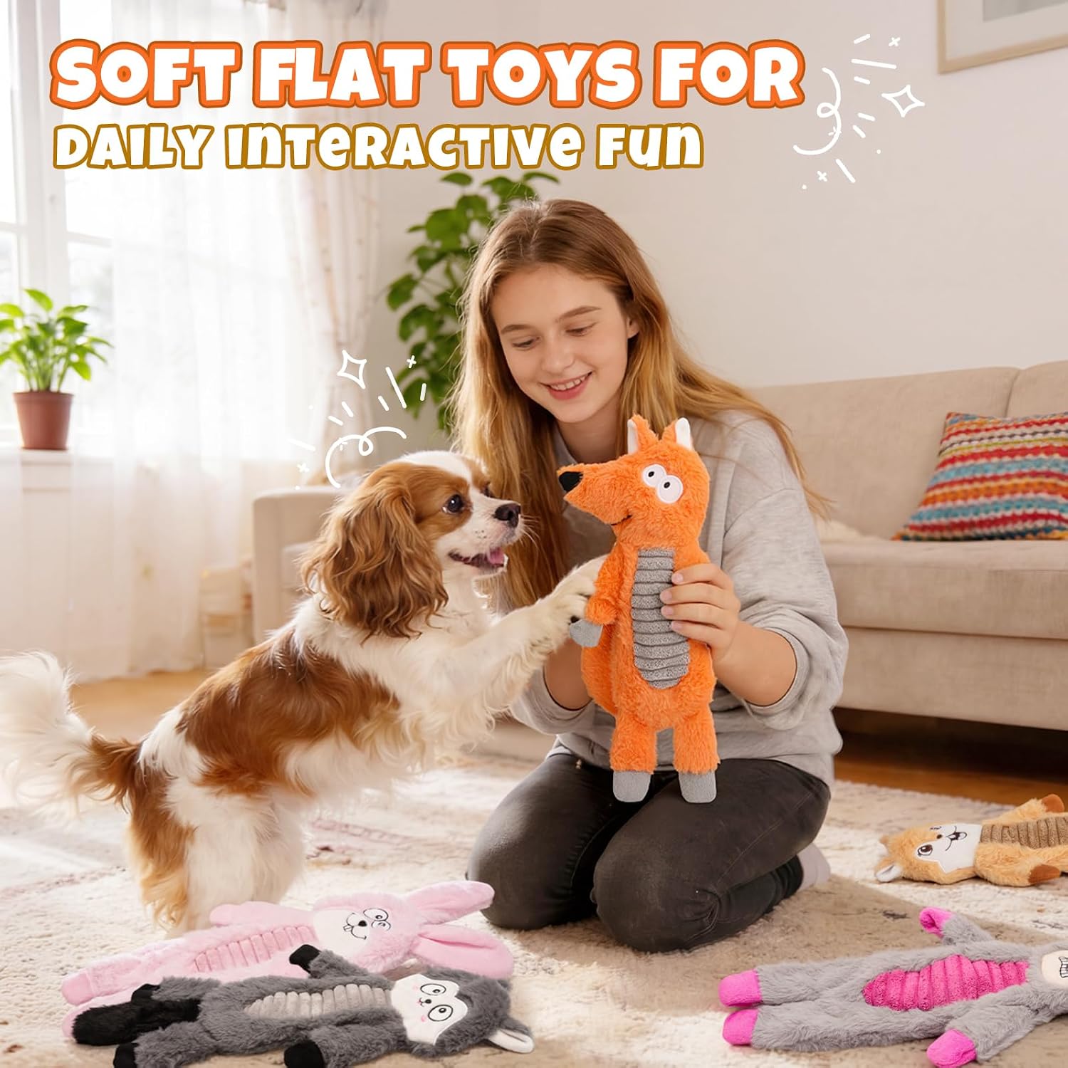 No Stuffing Dog Squeaky Toys for Small Dogs, 5 Pack No Mess Flat Crinkle Puppy Toys with Squeakers, Lightweight Plush Dog Toys for Toss, Fetch and Chew Play, 5 Animal Designs for Small Breeds
