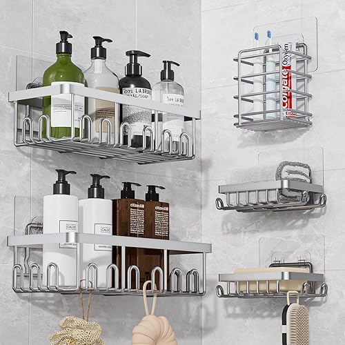 Miniatura 9 de Juego de 5 organizadores adhesivos para ducha, organizador de acero inoxidable a prueba de óxido para almacenamiento en el baño con gran capacidad