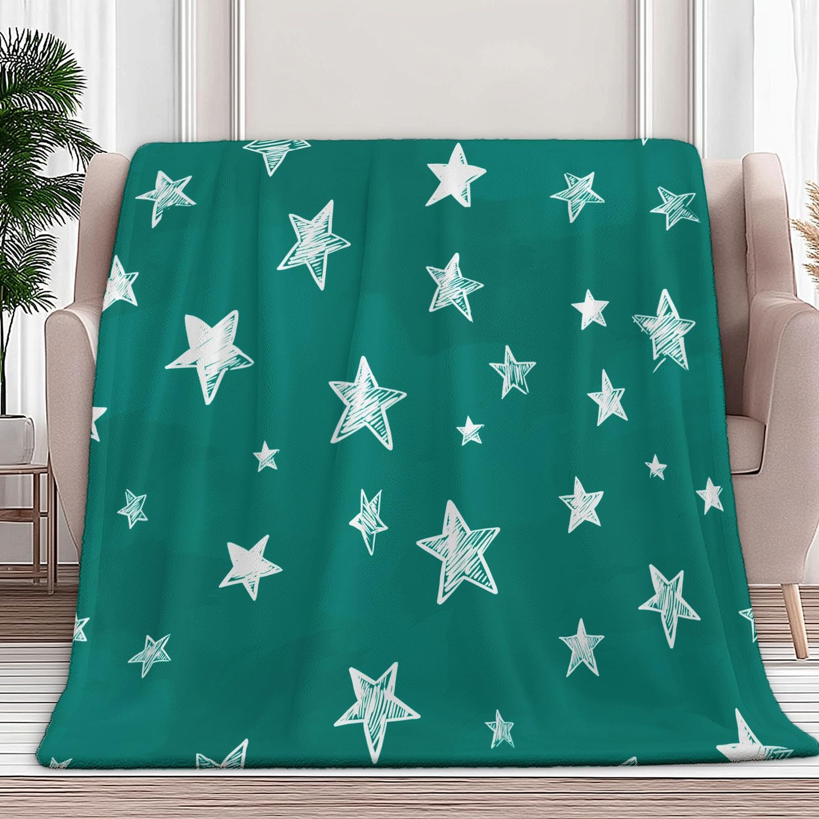 Générique Flanelowy koc polarowy ręcznie rysowane białe gwiazdy 220 x 240 cm Puszysty ciepły i miękki turkusowy koc polarowy pluszowa krata, do salonu sypialni