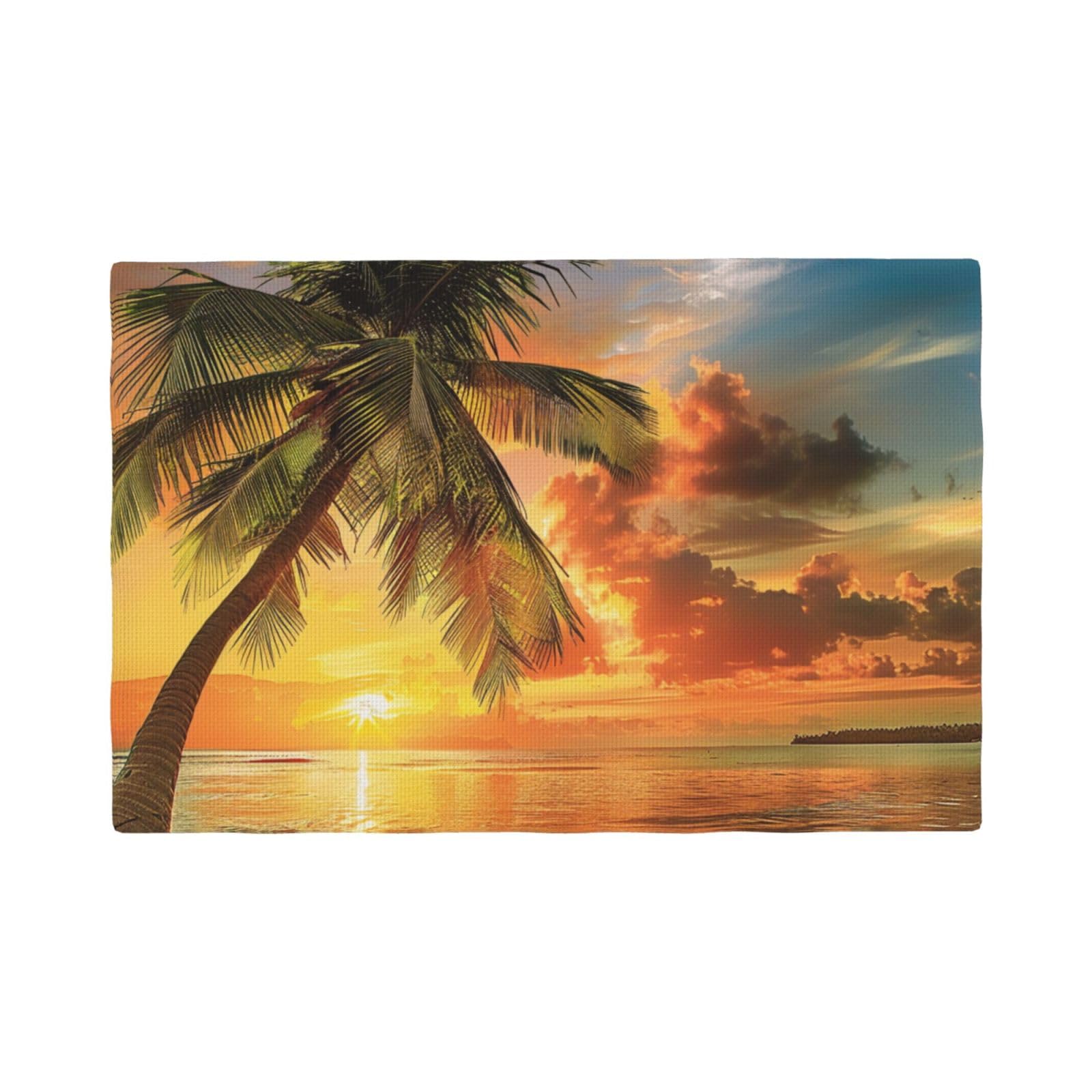 Tropical Beach Palm Tree Sunset Print Placemats Set, Heat Resistant Washable Placemat 12x18in Table Mats for Party Kitchen Dining Table Decoration Indoor Outdoor, Four Pieces