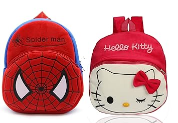 Blue Tree Kids School Bag Soft Plush Backpack Cartoon Bags Combo Mini Travel Bag for for Girls Boys Toddler Baby (Spiderman & New Red Kitty)