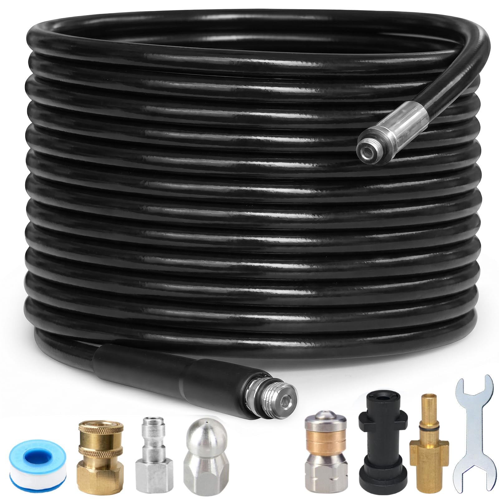 High Pressure Washer Drain Hose Cleaning Kit, 20M, 3000 PSI, Black
