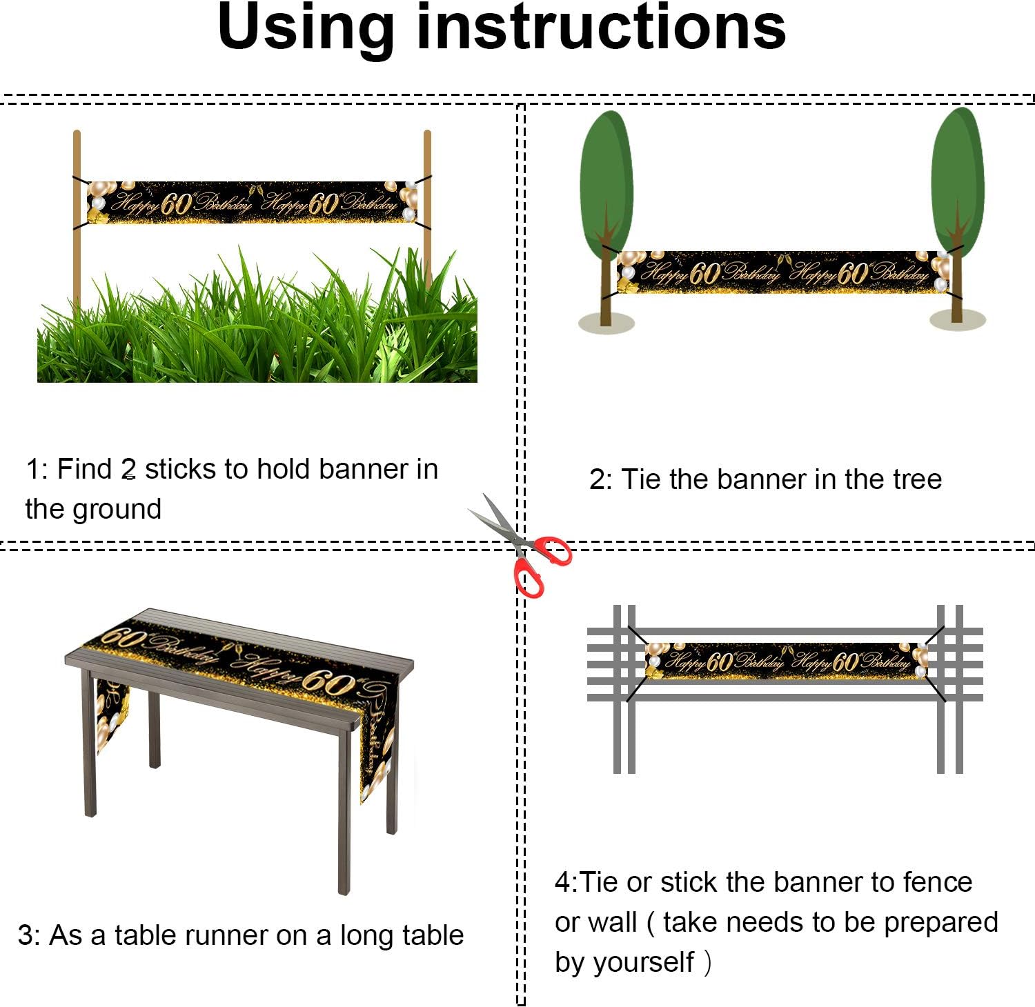 HOWAF Long Happy 60th Birthday Banner Decoration Black Gold, Banner for 60th Birthday Decoration Backdrop Garden Table Wall - Image 5