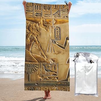 Egypt Hieroglyphics Pattern Beach Towel with Bag 31.5x63 Inch, Microfiber Sand Free Quick Dry Travel Towel, Fast Drying Pool Towels Gift for Travel Bath Camping Yoga
