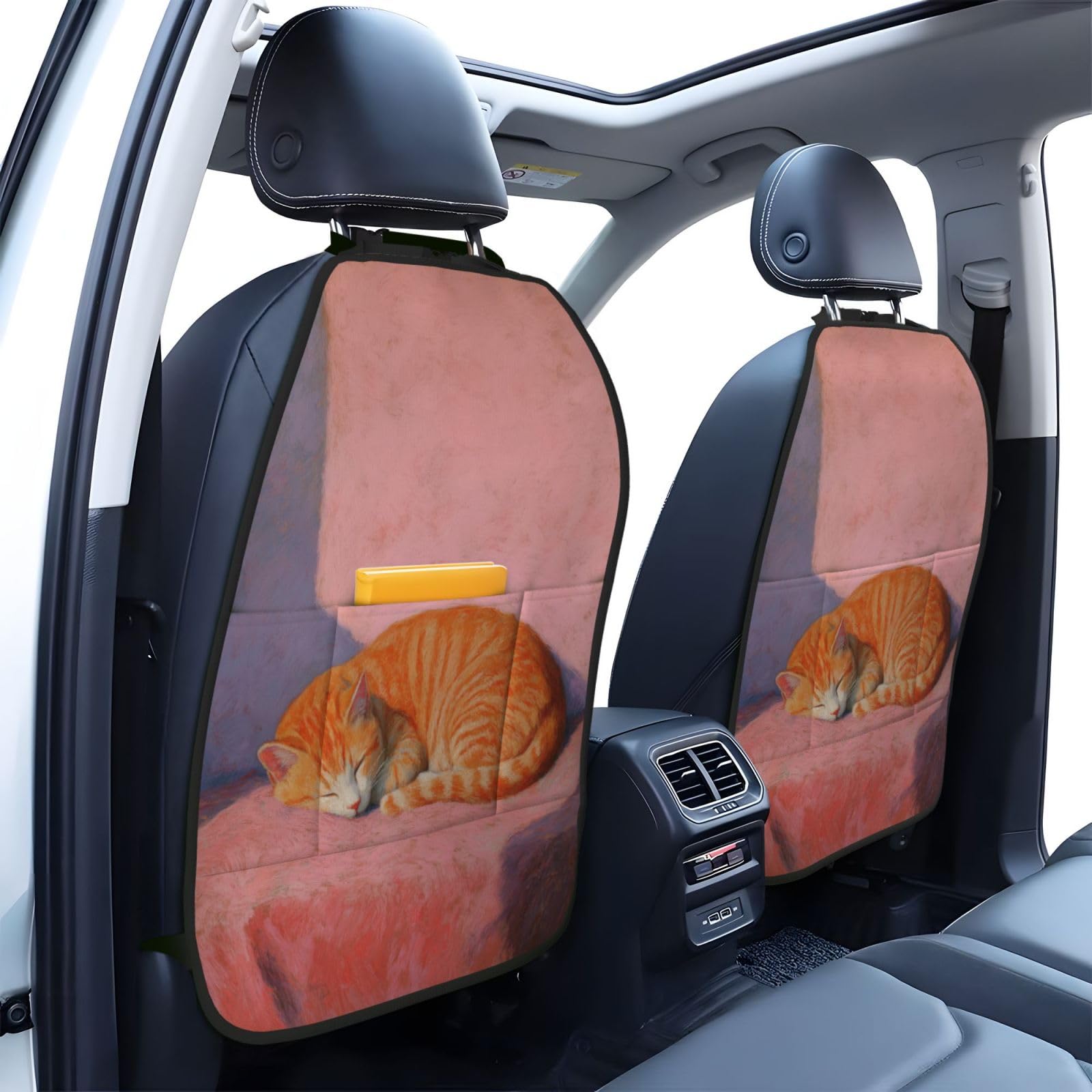 Orange Tabby Cat Sleeping Car Seat Back Kick Protectors,2 Pack Kick Mats with Storage Pockets for Vehicles to Protect from Dirt Mud Scratches