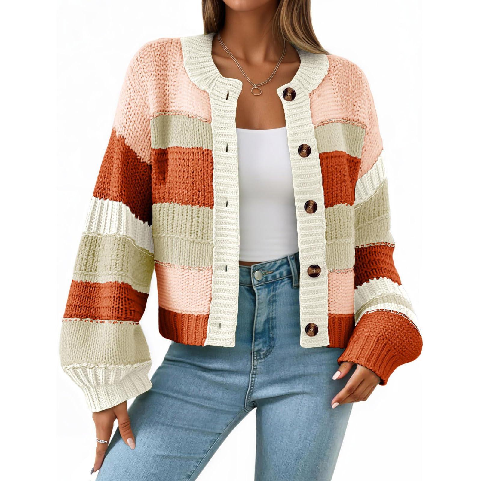 Strickjacke Damen Kurz Grobstrickjacke Puffärmel Übergangsjacke Casual