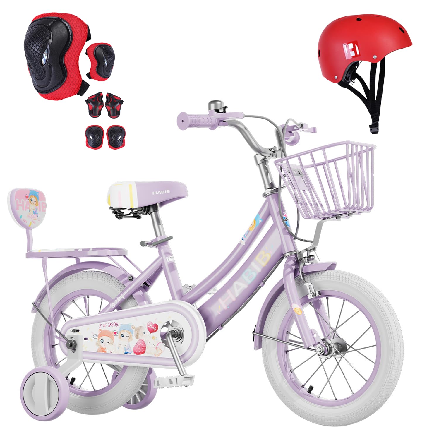 Habib Mädchenfahrrad Komplettset | 12, 14, 16 Zoll | Inkl. Luftpumpe & 6-teiligem Schutz-Set | Karbonstahlrahmen & Duales Bremssystem | Mitwachsend & sicher für Mädchen 3-8 Jahre