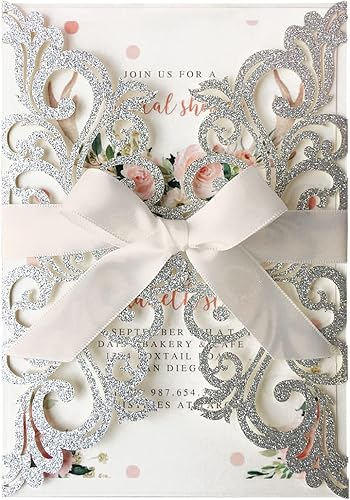 50 kits de invitación de boda con purpurina plateada de 5 x 7.3 pulgadas, corte láser, bolsillo floral hueco, invitaciones de boda impresas