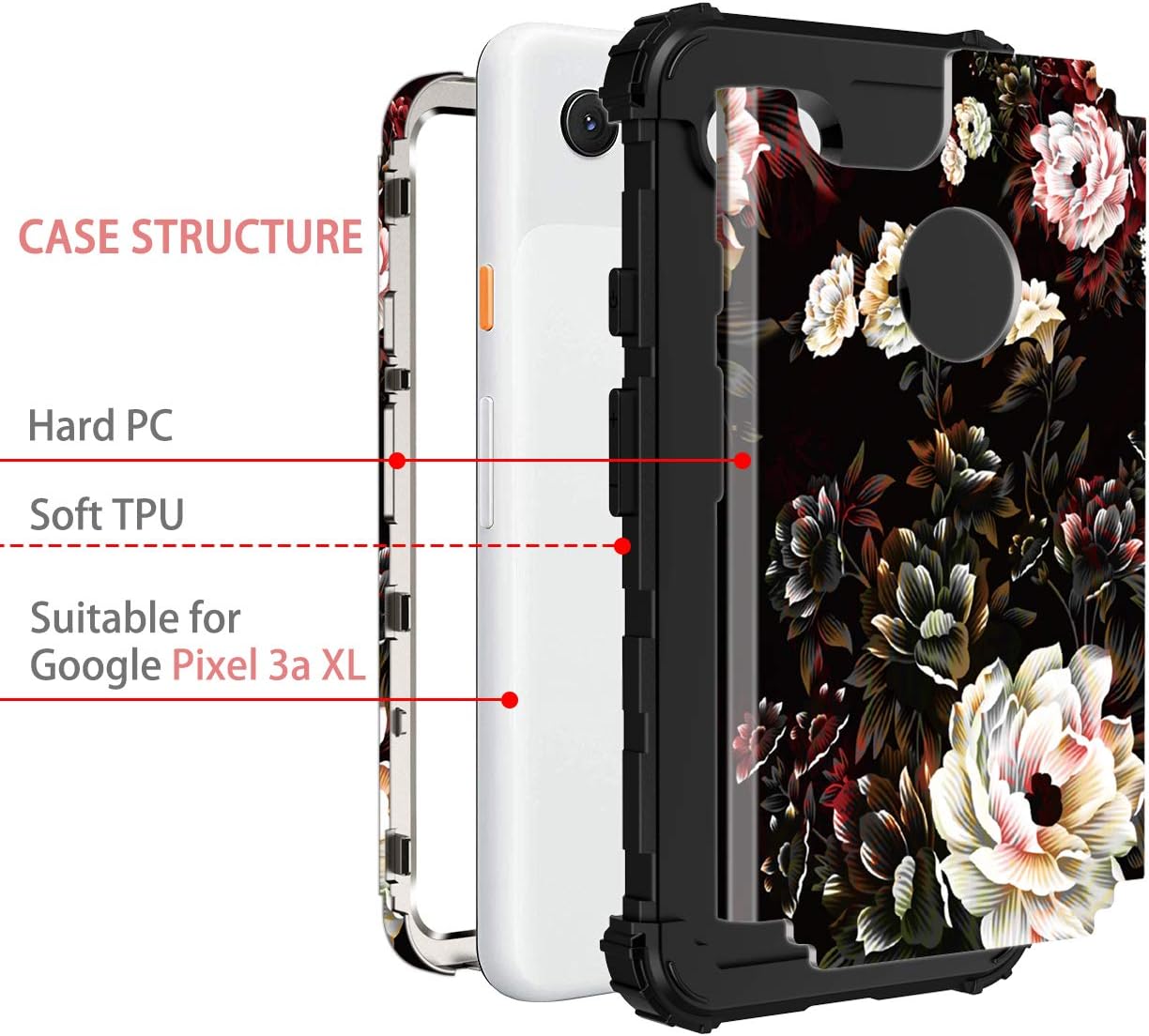 LONTECT for Google Pixel 3a XL Case Floral 3 in 1 Heavy Duty Hybrid Sturdy High Impact Shockproof Protective Cover Case for Google Pixel 3a XL 2019, Black/White Flower