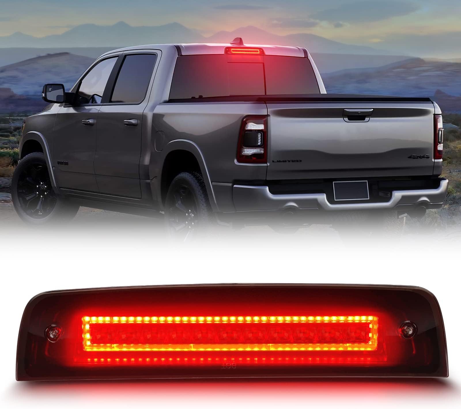 CAFOPAR 2023 NEW LED Third Brake Light for 2009-2018 Ram 1500 2500 3500 3rd Brake Light Rear High Mount Cargo Light, Rear Tail Brake Lights, Red & White Cargo Light Waterproof with Smoked Lens