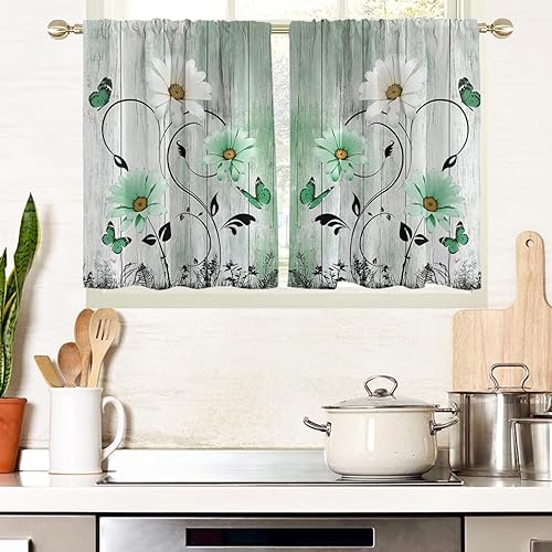 Miniatura 21 de AAtter Cortinas florales amarillas para ventana de cocina, diseño abstracto de margaritas blancas botánicas, pequeñas y cortas, para el hogar, sala
