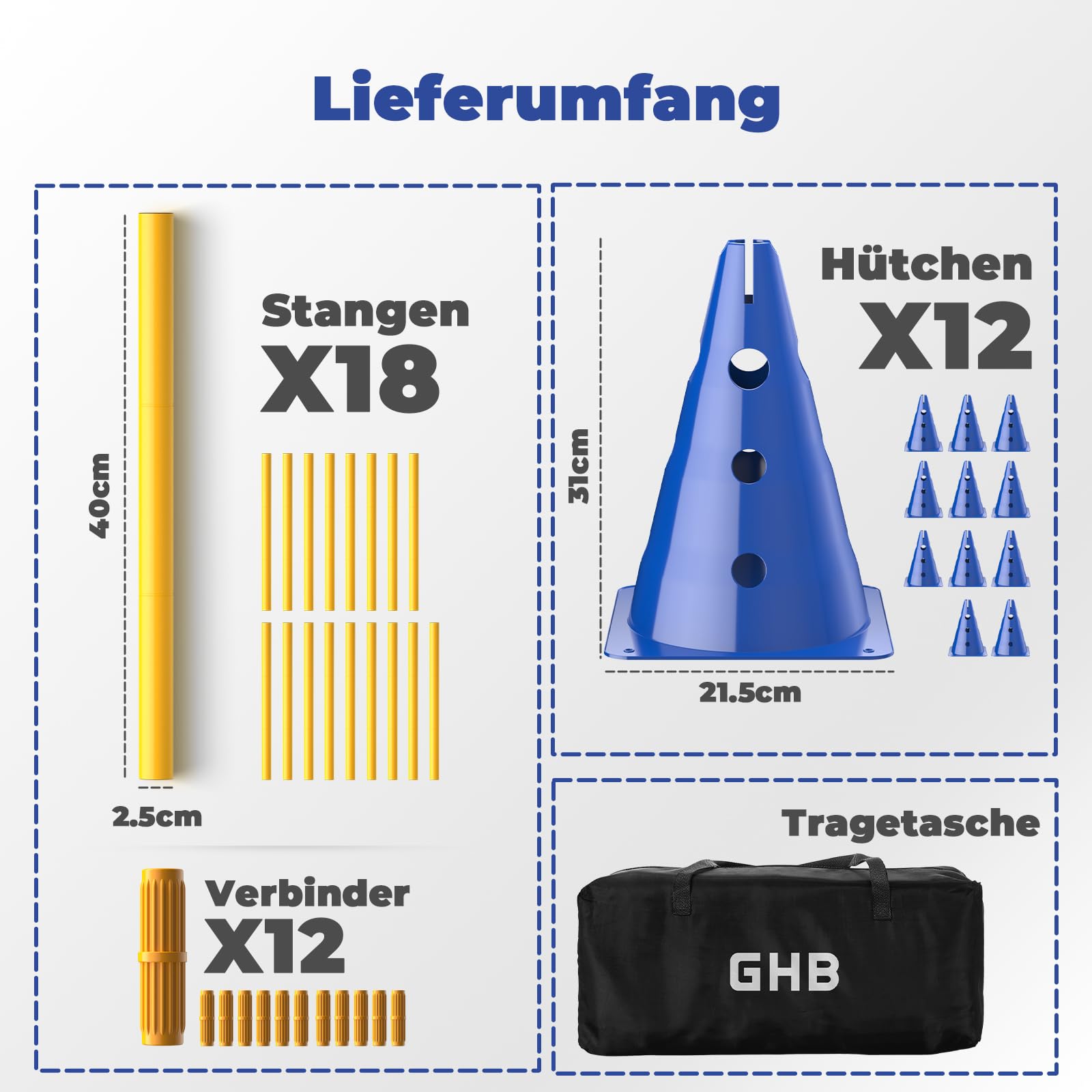 GHB Steckhürdenset Hobby Horsing 12 Kegel 18 Stangen, Agility Hürden Set Hunde, Fussball Trainingszubehör für Koordinationstraining mit Tragetasche