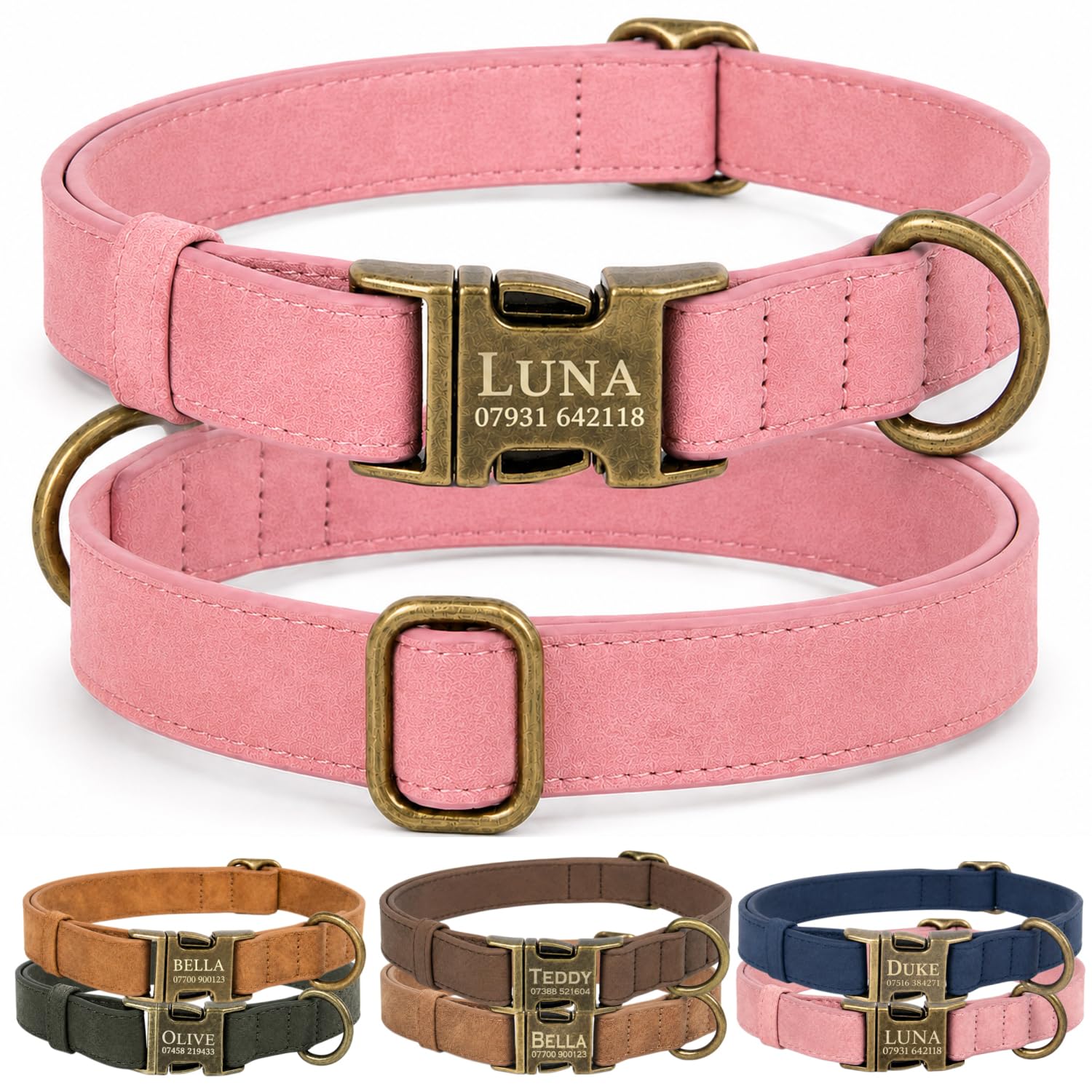 Personalised Leather Dog Collar with Name and Phone Number, Soft PU Leather Custom Dog Collar with Engraved Metal Buckle in UK, Vintage Adjustable Collar for Small Medium Large Dogs