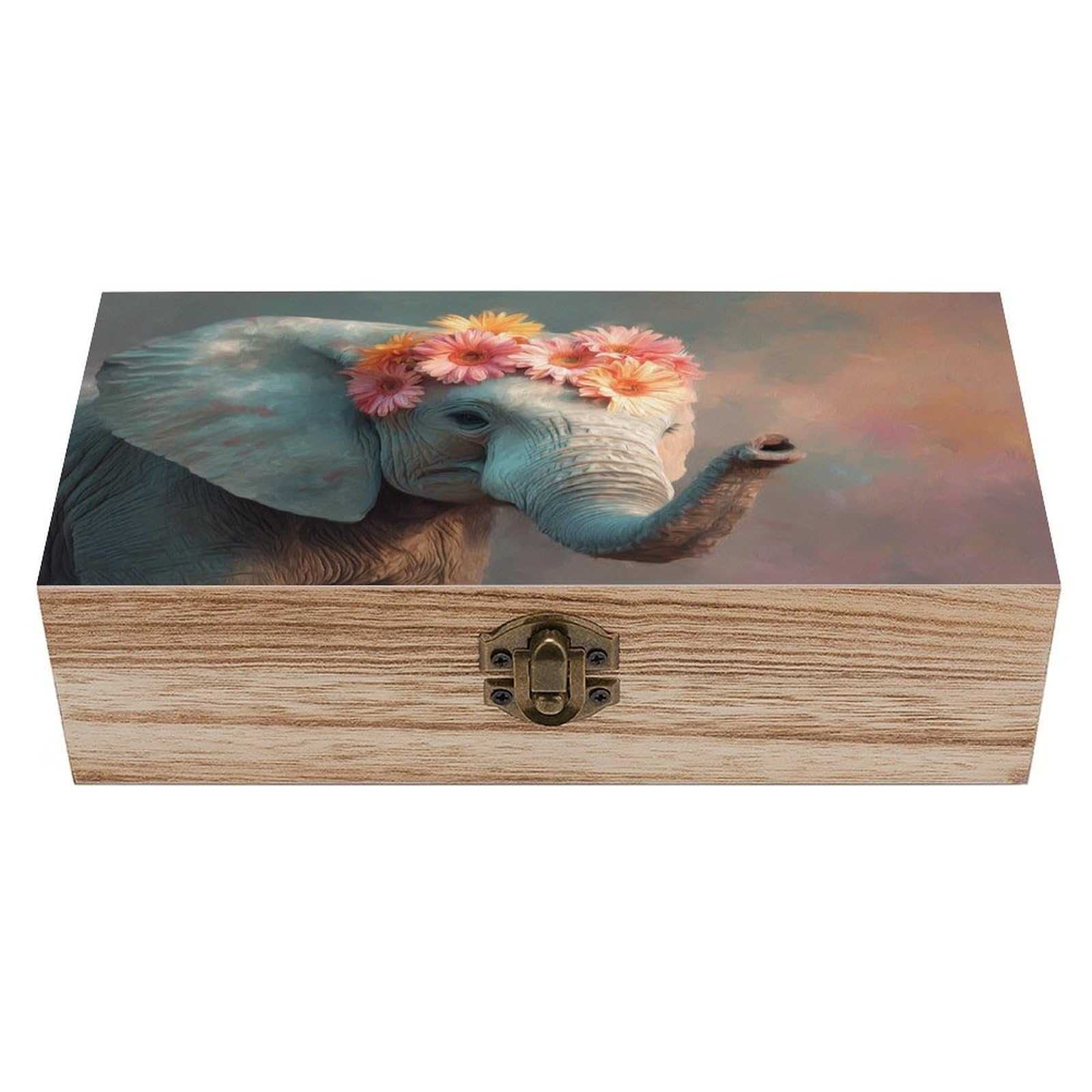 Ahdyr Elephant with Flowers Wooden Storage Box with Hinged Lid And Front Clasp Large Keepsake Box