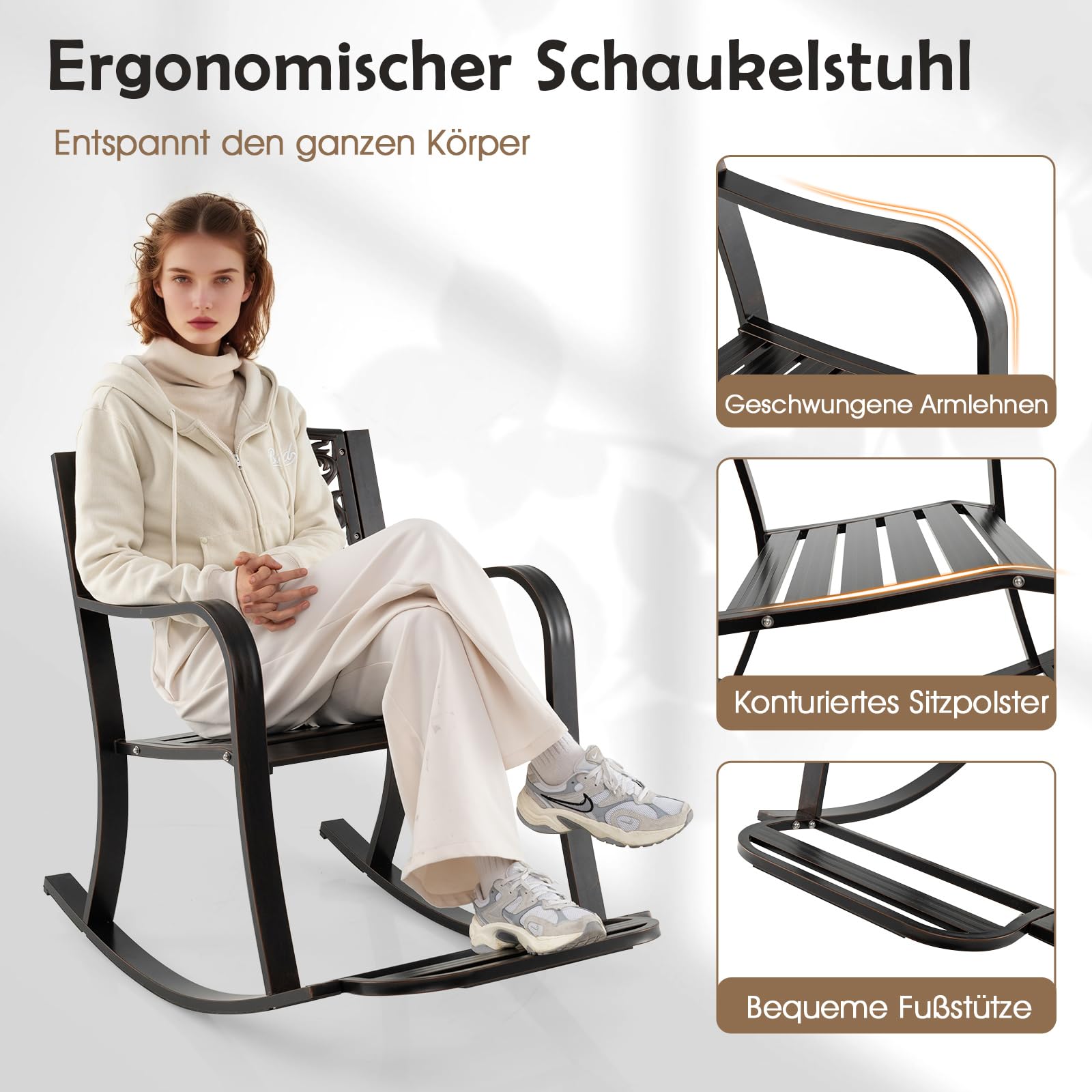 COSTWAY Schaukelstuhl mit Fußstütze, Schaukelsessel aus Aluminiumguss, Relaxstuhl, Schwingsessel, Gartenstuhl für Garten, Terrasse, Balkon