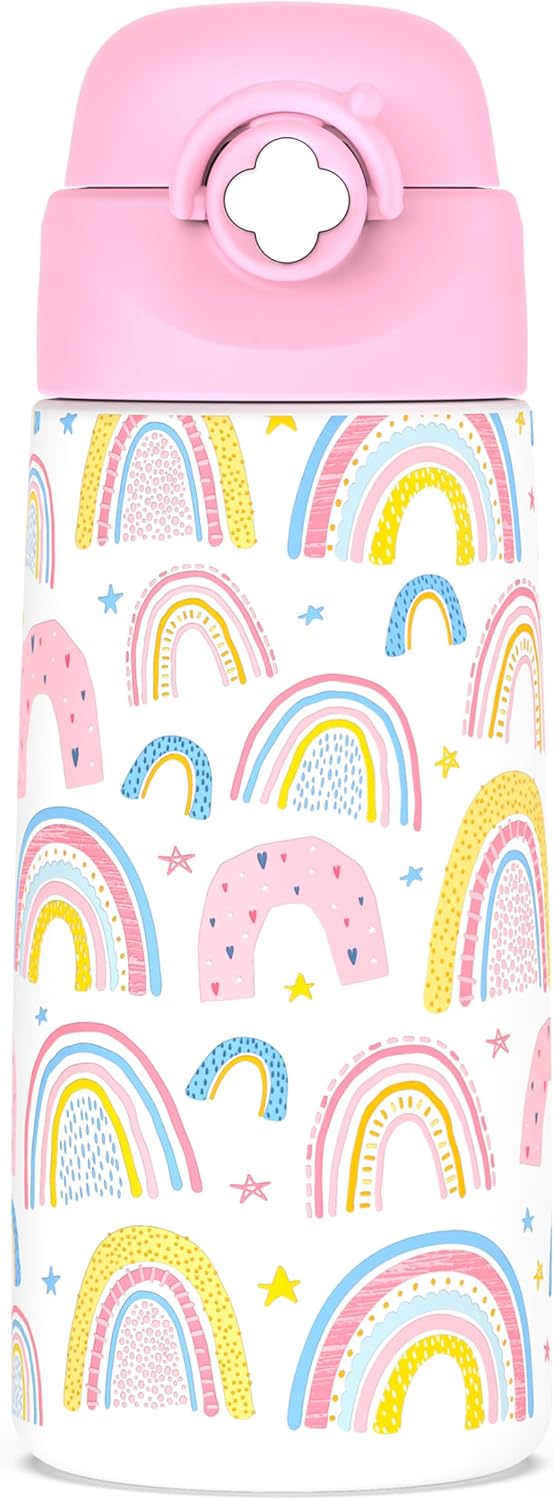 Ntswasd Girls Insulated Water Bottle with Covered Pop-Up Straw,16 oz Kids Cups with Stainless Steel Leak Proof for School(Rainbow-Pink)