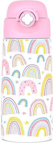 Miniatura 16 de Botella de agua aislada para niñas con popote desplegable cubierto, vasos para niños de 16 onzas con acero inoxidable a prueba de fugas para la B11.