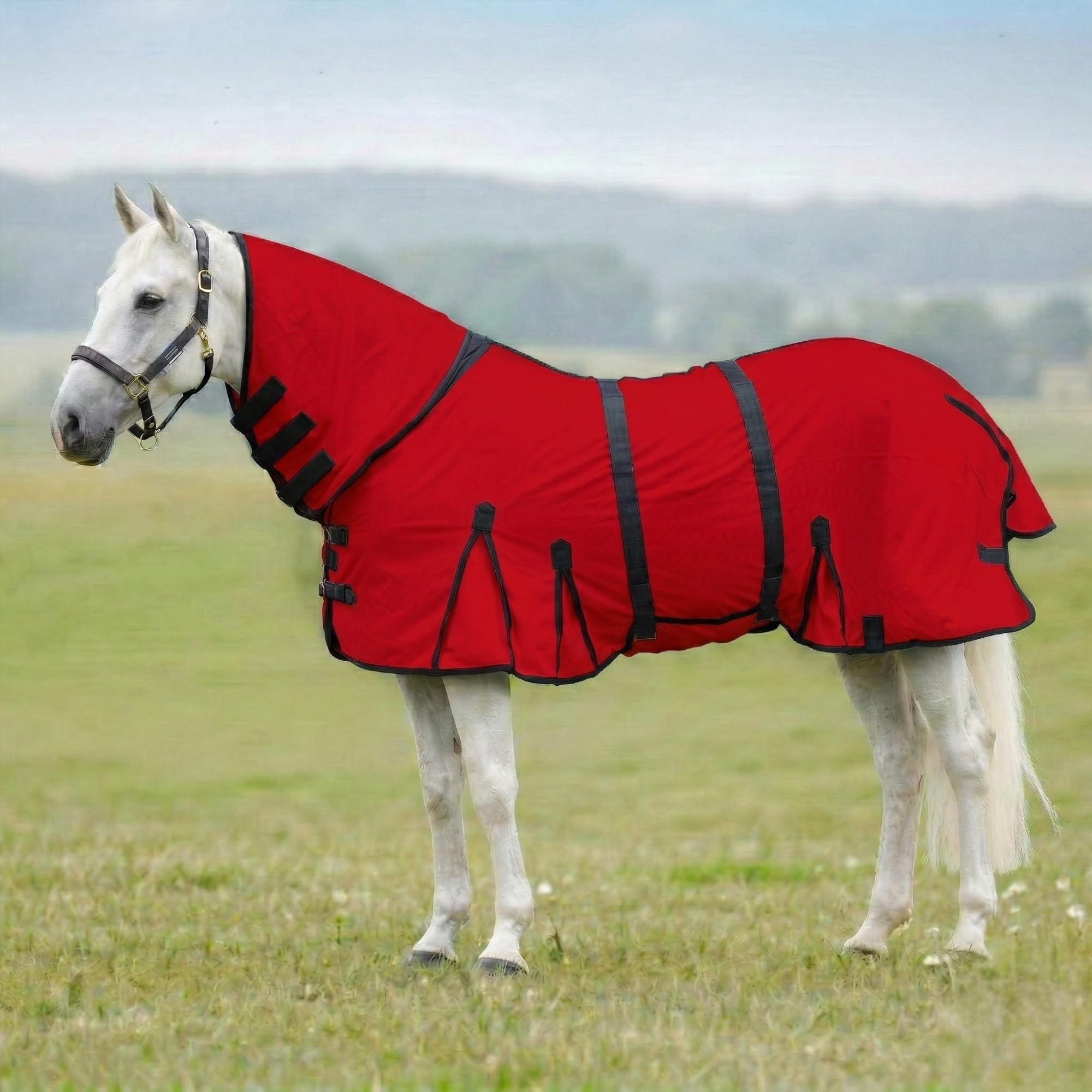 Horse Fly Sheet with Attached Neck Cover &amp; Tail Flap | UV Protection Mesh Horse Blanket, Full Body Bug &amp; Sun Shield, Buckles, Belly Wrap &amp; Gussets for Spring Summer Riding Rug (Red, 82")