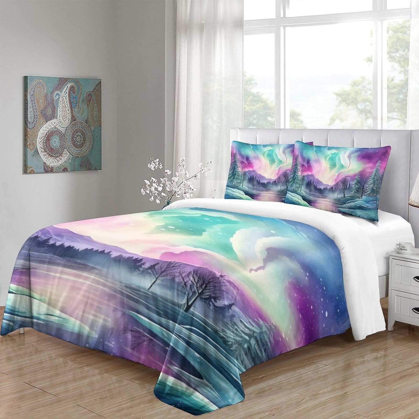 Housse De Couette 140x190cm Motif Aurore Boréale + 2 Taies 65x65 - Microfibre Réversible Douce, Fermeture éclair, 3 Pièces