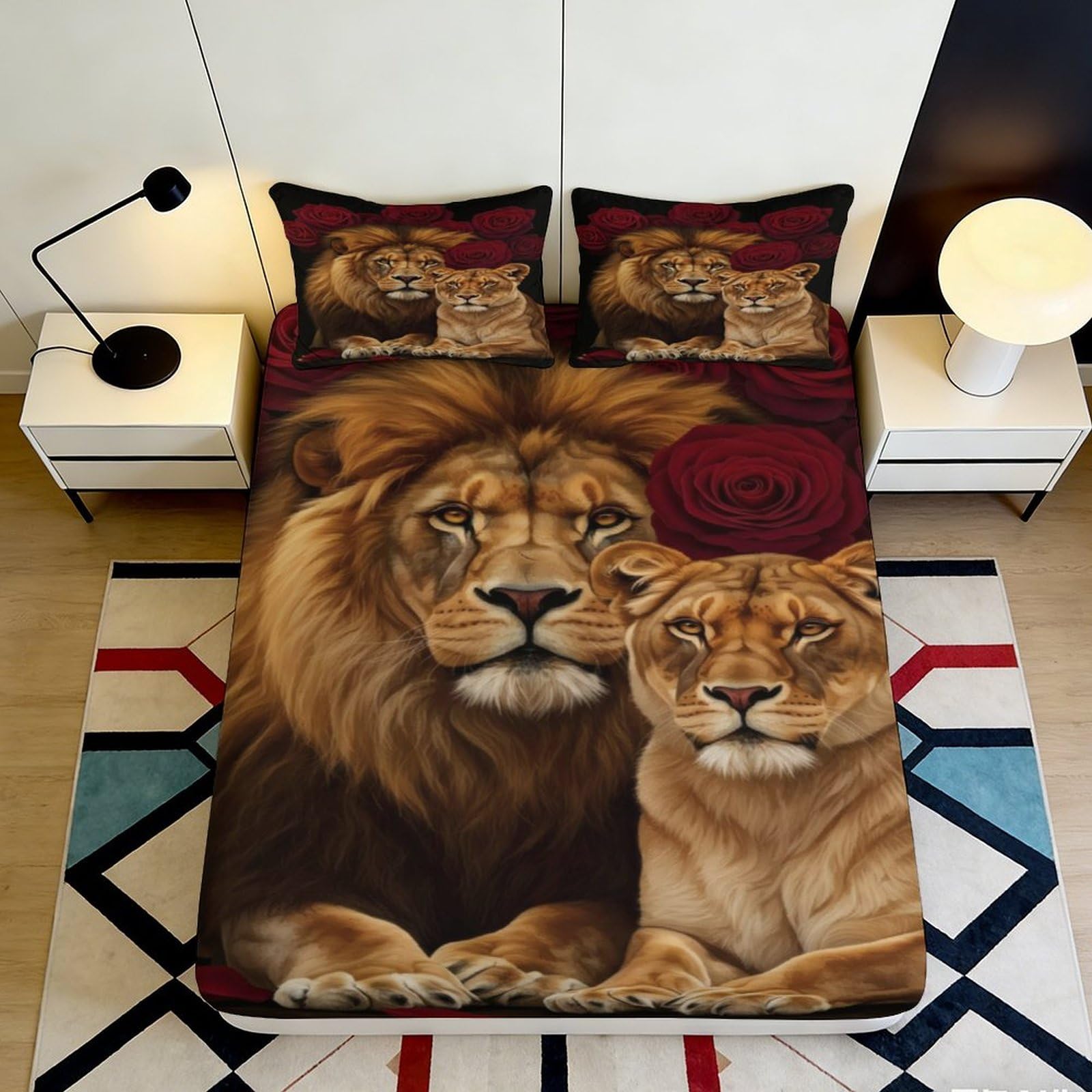 3D Printed Lion Rose Fitted Sheet Microfiber Non-Slip Bed Cover for Bedroom Dorm Mattress Decor Easy Care 90x200x25cm