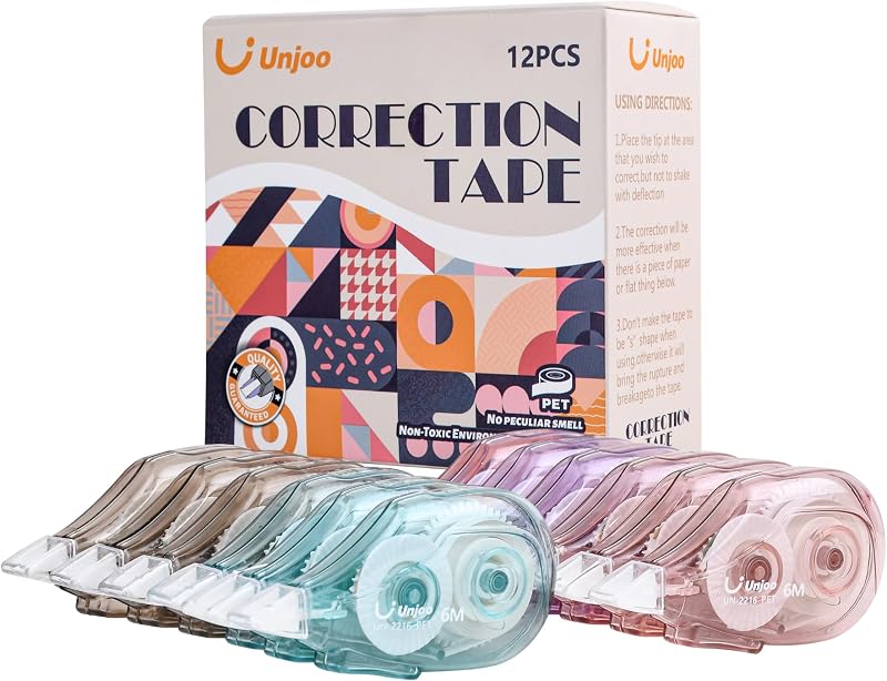 White Correction Tape (12pack, 6M/256, Tape Width 0.2in, 4 colors) | Easy To Use Applicator, Fast, Clean Tear-Resistant Tape For school Supplies, Office