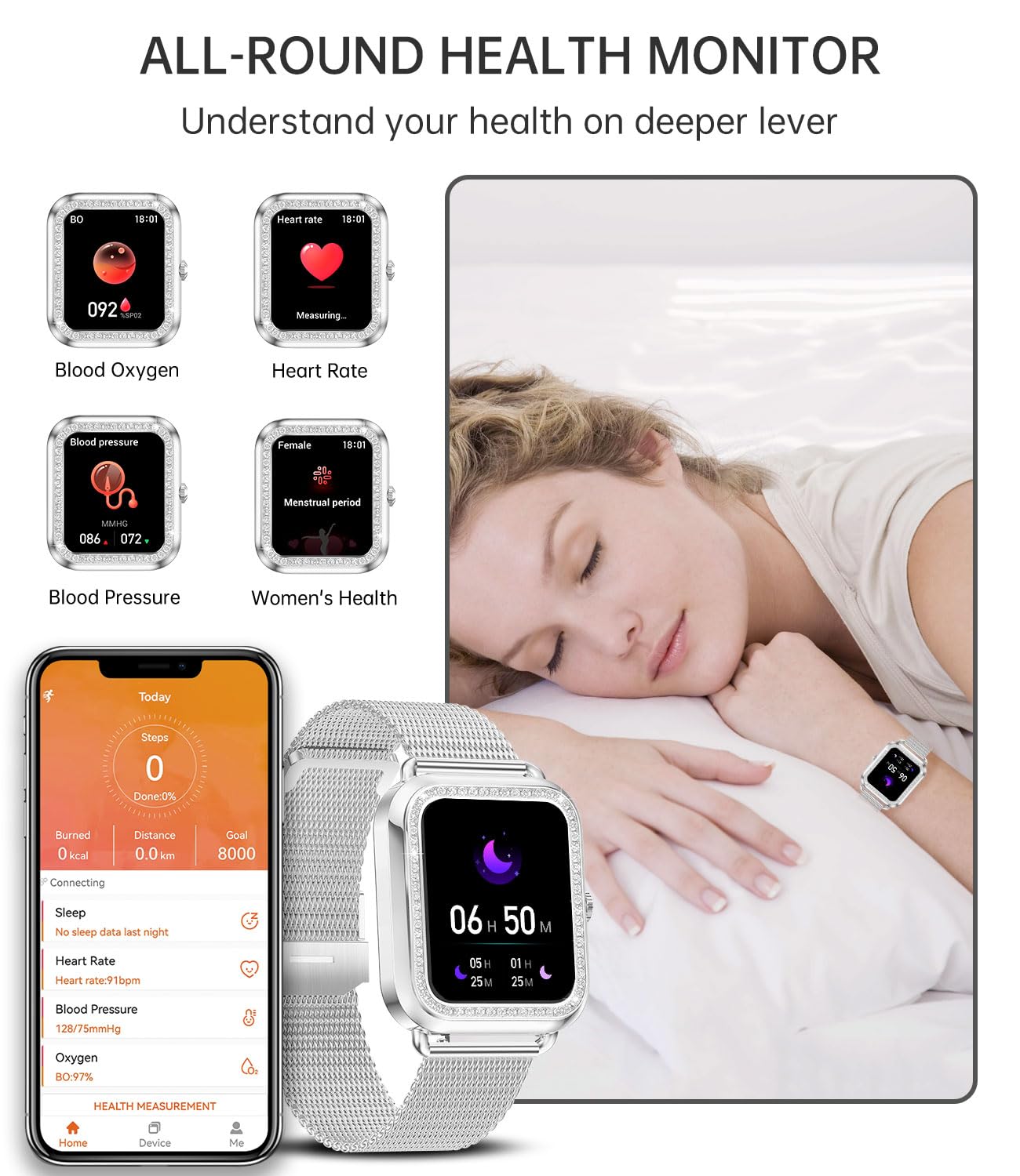 Smartwatch Donna Chiamate e Assistente Vocale, Orologio Smart Watch con Cardiofrequenzimetro Sonno SpO2, Notifiche Messaggi Contapassi Orologio Fitness per Android iOS 2 Cinturini