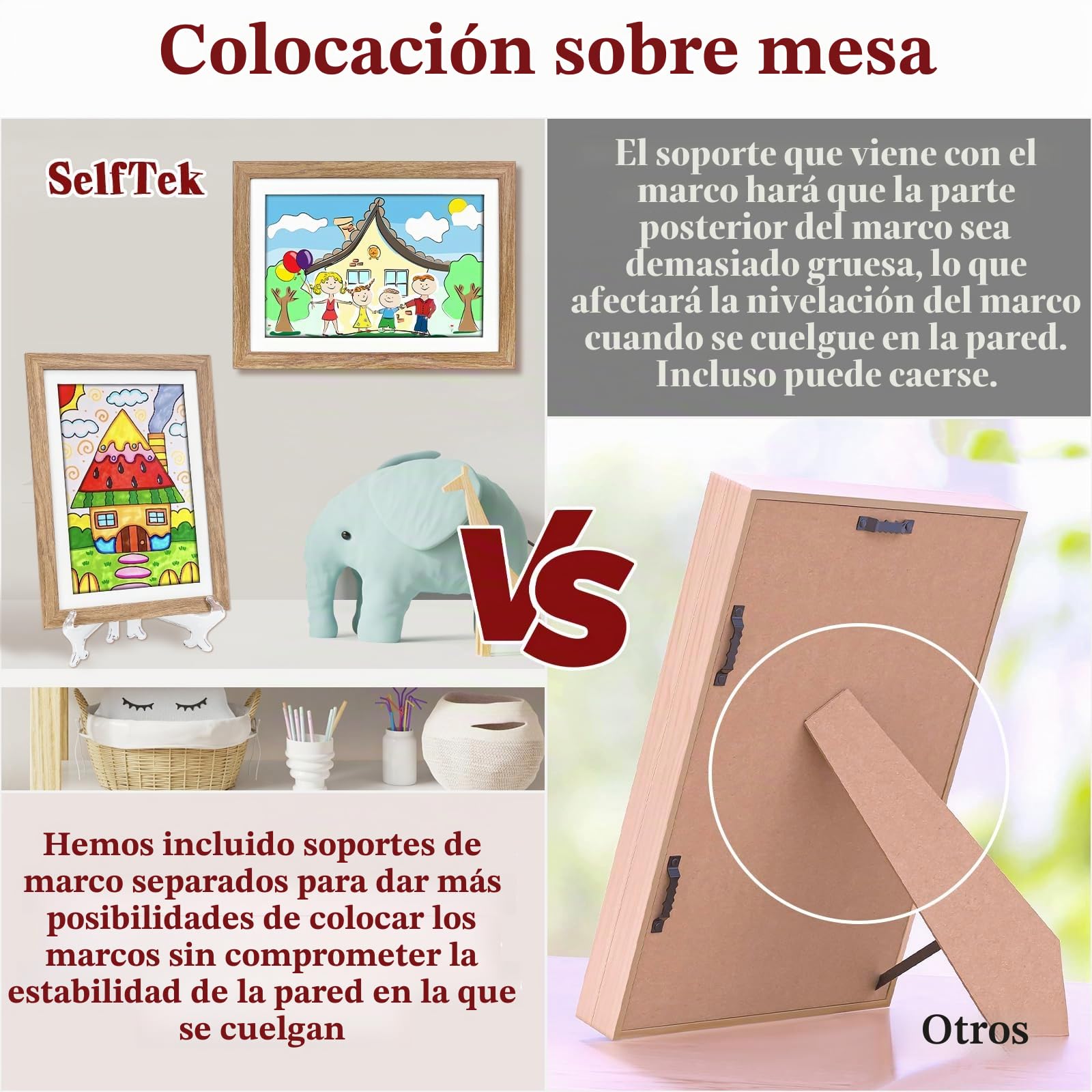 SelfTek Marco Dibujos Infantiles A4, Pack de 2 Marcos para Dibujos Niños con Soporte, Apertura Frontal Magnética, Hasta 150 Dibujos, Ideal para Casa, Escuela, Regalo (Madera)