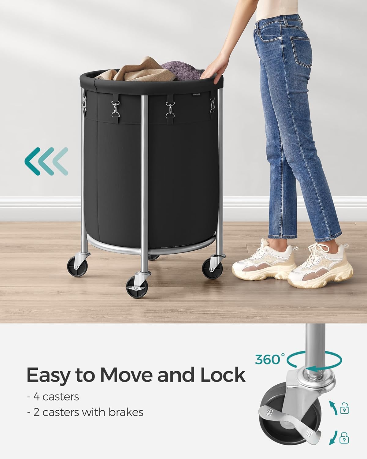 SONGMICS 29-Gallon (110 L) Laundry Basket with Wheels, Rolling Round Heavy-Duty Laundry Hamper Cart with Steel Frame and Removable Bag, 2 Locking Wheels, Ink Black and Metallic Silver URLS002B01