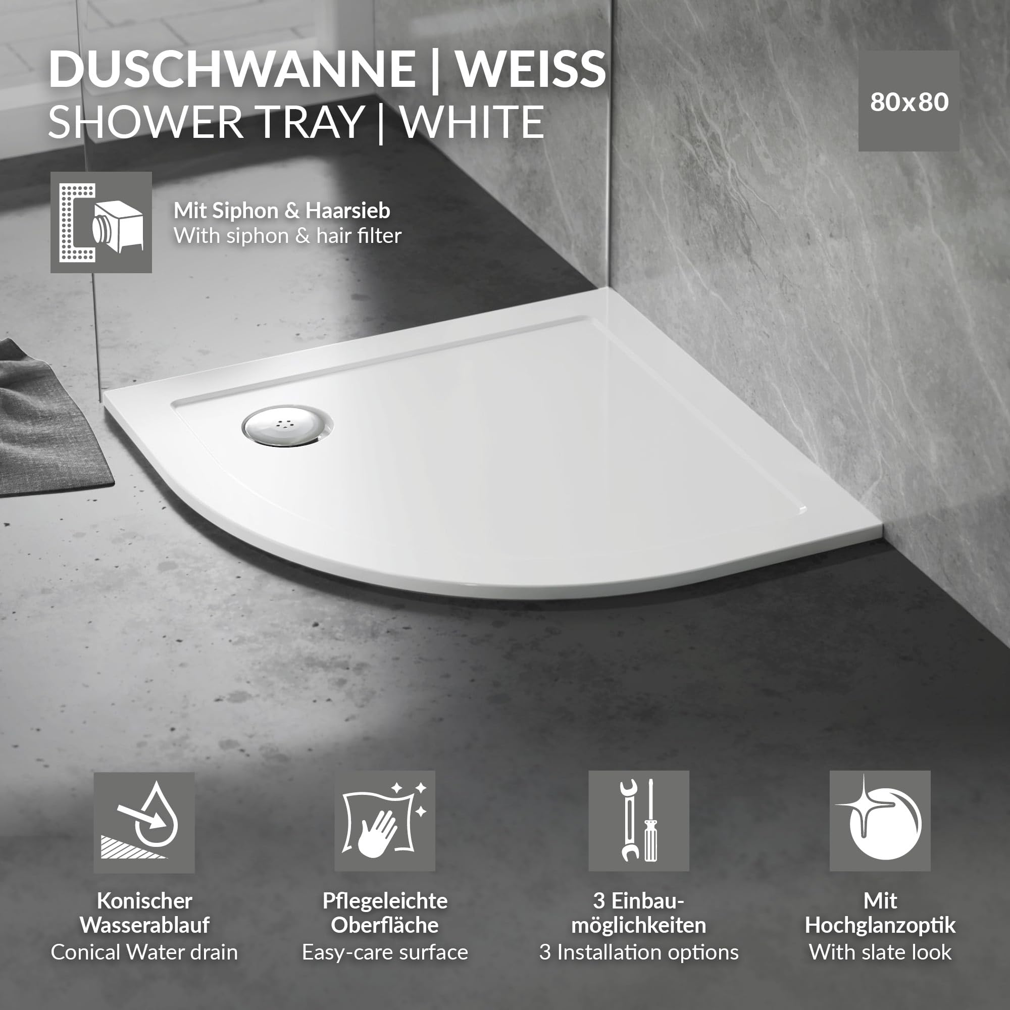 LuxeBath Piatto Doccia Semicircolare 80x80 cm Slim, Salvaspazio, in SMC, Ultra Piatto, Altezza 40 mm, Bianco, Raggio 55 cm, con Piletta e Sifone, Gruppo di Scarico Completo 3 Modalita di Installazione