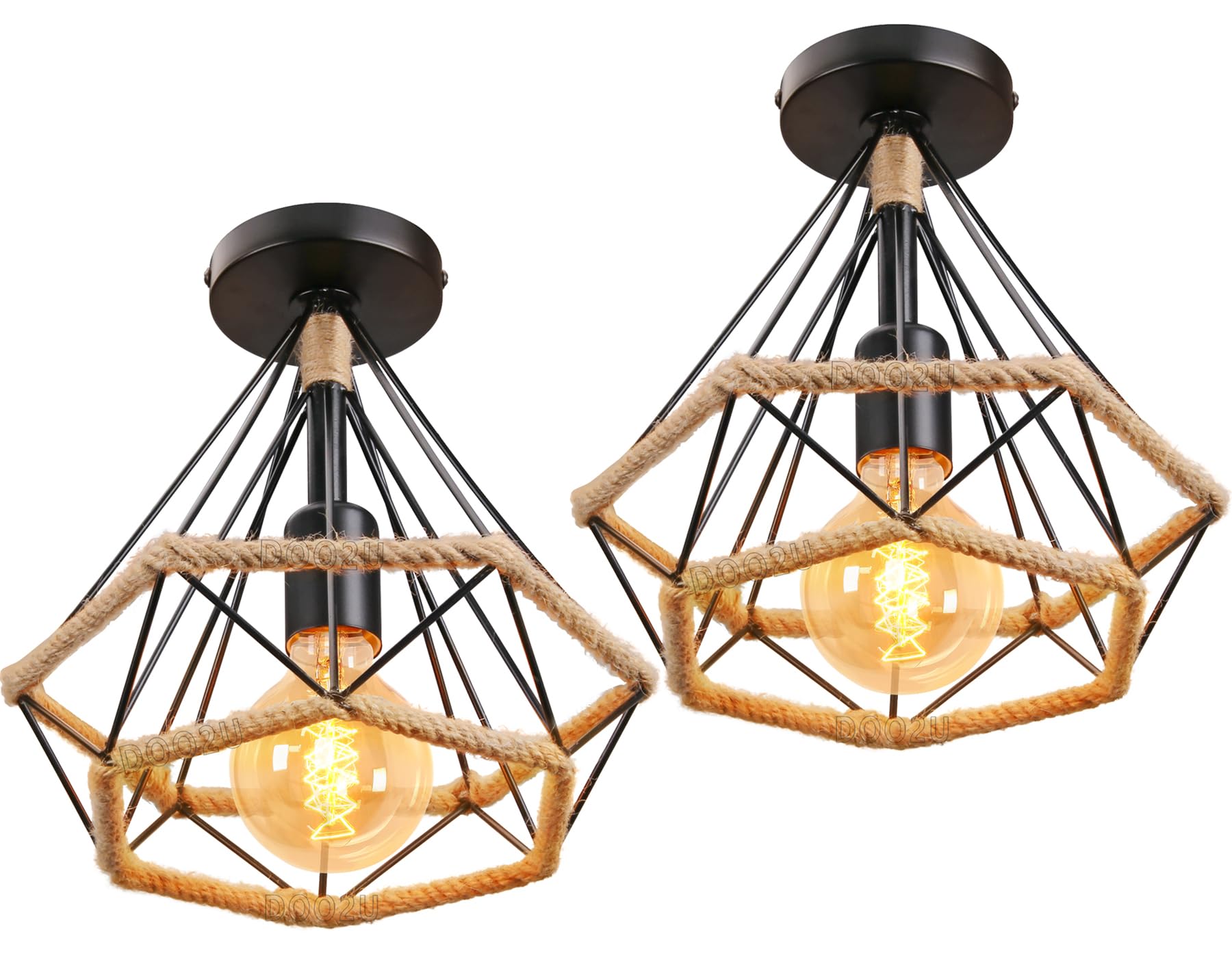 2 Stück Deckenleuchte Industrial Vintage Deckenlampe Retro E27 Hängeleuchte mit Hanfseil und Metall Design Pendelleuchte Schwarz Hängelampe 160mm für Esstisch Küche Esstisch (A-Decken-2)