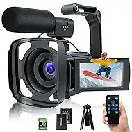 5K Video Camera Camcorder, UHD 64MP Vlogging Camera for Youtube with 3.0” 270° Rotatable Touchscreen, 16X Zoom Video Recorder with IR Night Vision/Microphone/Stabilizer/Lens Hood/2 Batteries/32GB Card