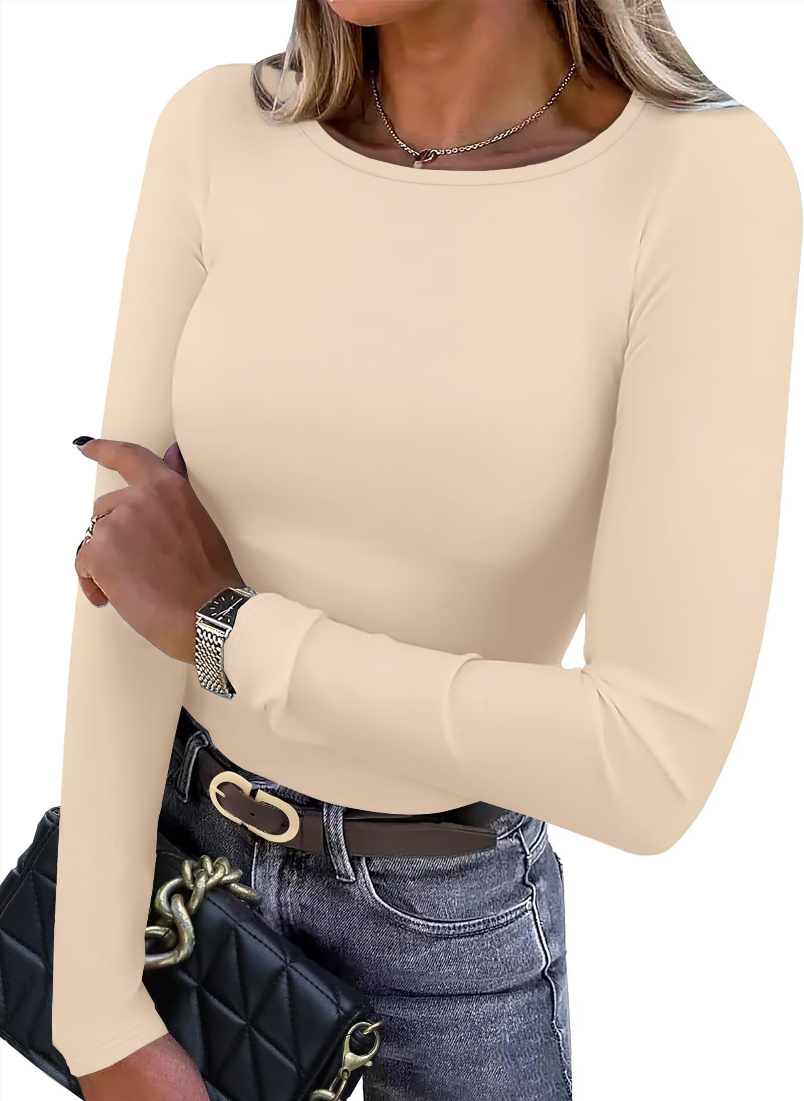 WIHOLL Damen Langarmshirt Leichte Fleece Thermounterwäsche Rundhals Basic T Shirt Herbst Oberteile Damen Slim Fit Thermo Unterhemd