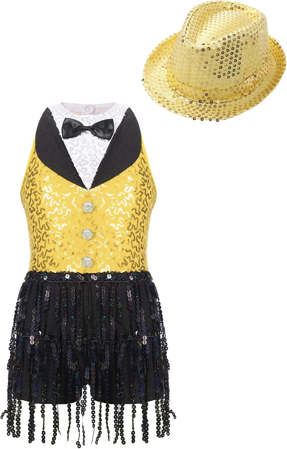 Kids Girls Dance Set Sequins Sleeveless Lapel Tassel Jumpsuit Dress with Hat for Jazz Latin Dance Performance