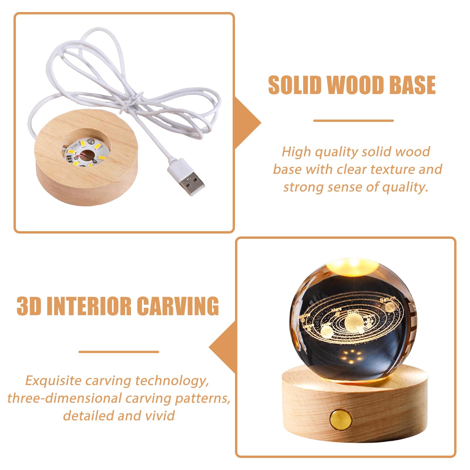 Sfera di cristallo 3D, luce notturna con base in legno, USB 3D