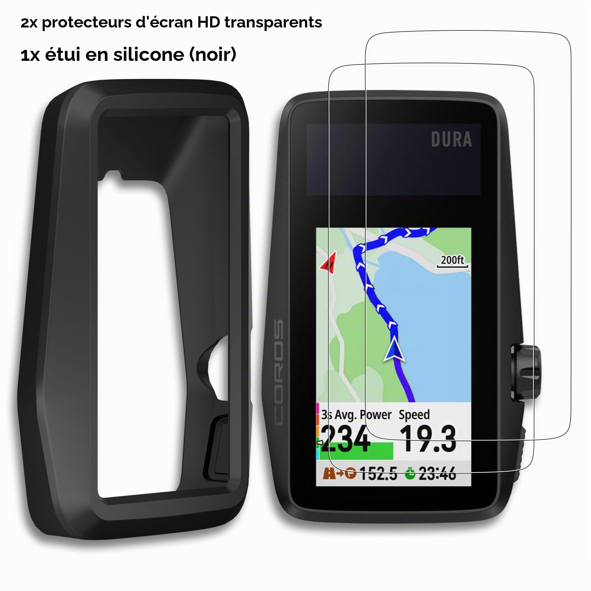 [Lot de 3] Coque en silicone x 1, protection d'écran en verre trempé HD x 2 Conçu pour les ordinateurs de vélo GPS Coros Dura Solar Anti-chute, antidérapant, anti-rayures / traces de doigts