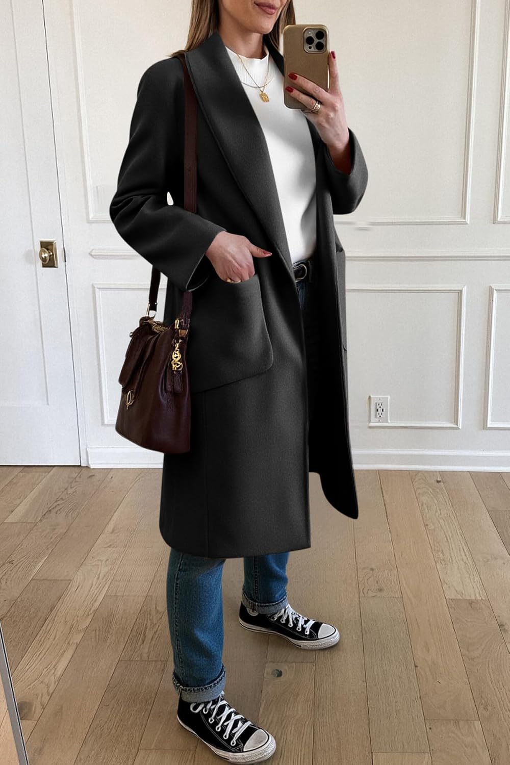 Cicy Bell Womens Open Front Pea Coats Classic Lapel Long Trench Coats Loose Fall Winter Outwear with Pockets - Image 4