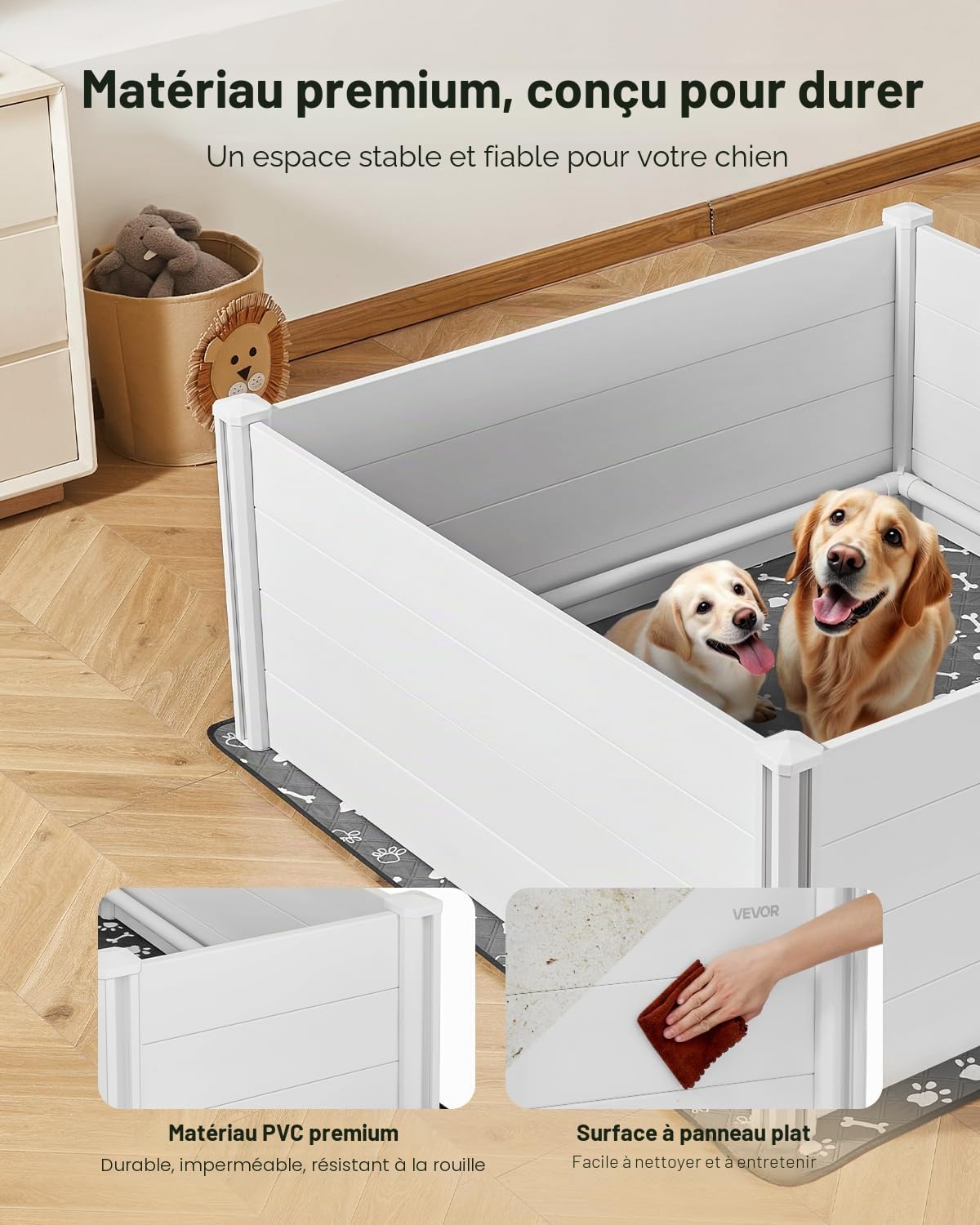 VEVOR Parc de Mise Bas pour Chien, 152x152x61 cm, Caisse de Mise Bas pour Chiots, avec Porte Hauteur Réglable, Tapis d'Urine Lavable, Boite de Naissance Plastique PVC pour Chiens de Très Grande Race