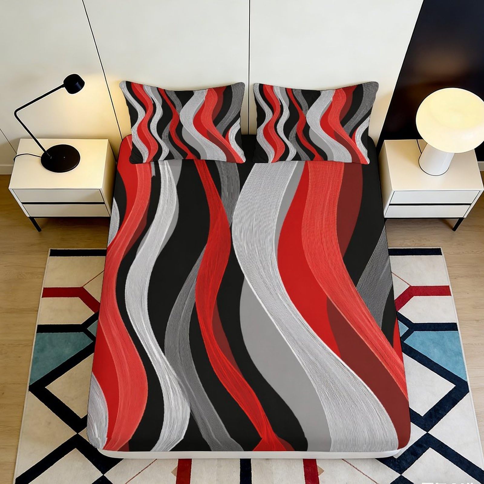 3D Printed Abstract Wave Fitted Sheet Microfiber Deep Pocket Bedding Abstract Wave Mattress Fitted Cover Non-Slip Elastic Hem Washable 120x200x25cm