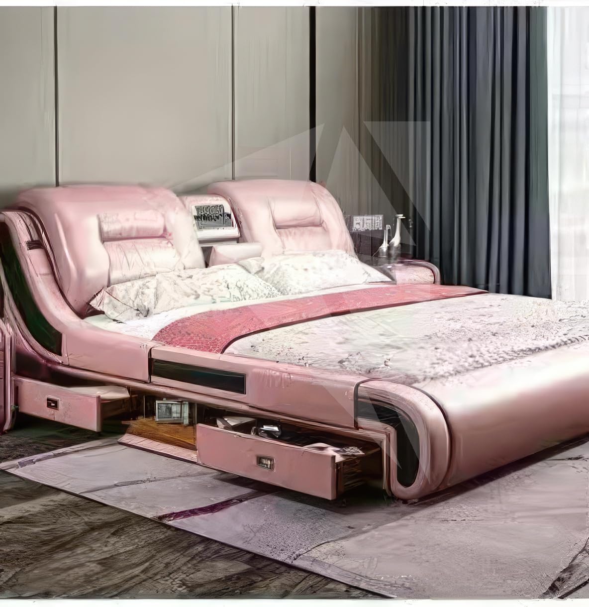 Smart Bed King Size Provided with Projector Massage Bluetooth Speaker Storage Drawers Safe Air Purifier Clock Display Bedroom Essential King Size Bed Luxurious Modern Smart Bed. (Pink)