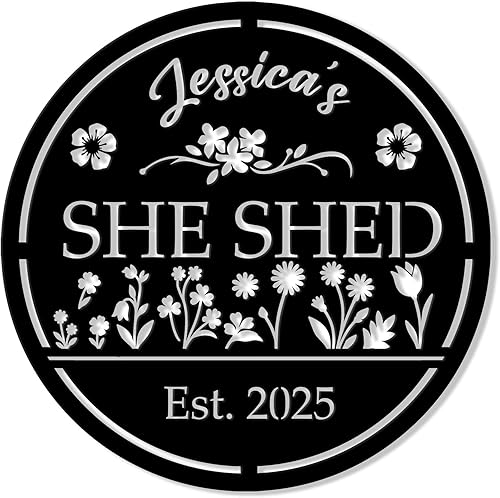 Miniatura 11 de Letrero de metal personalizado con texto en inglés «She Shed» – Decoración de pared con nombre personalizado para jardín, porche, patio, valla o