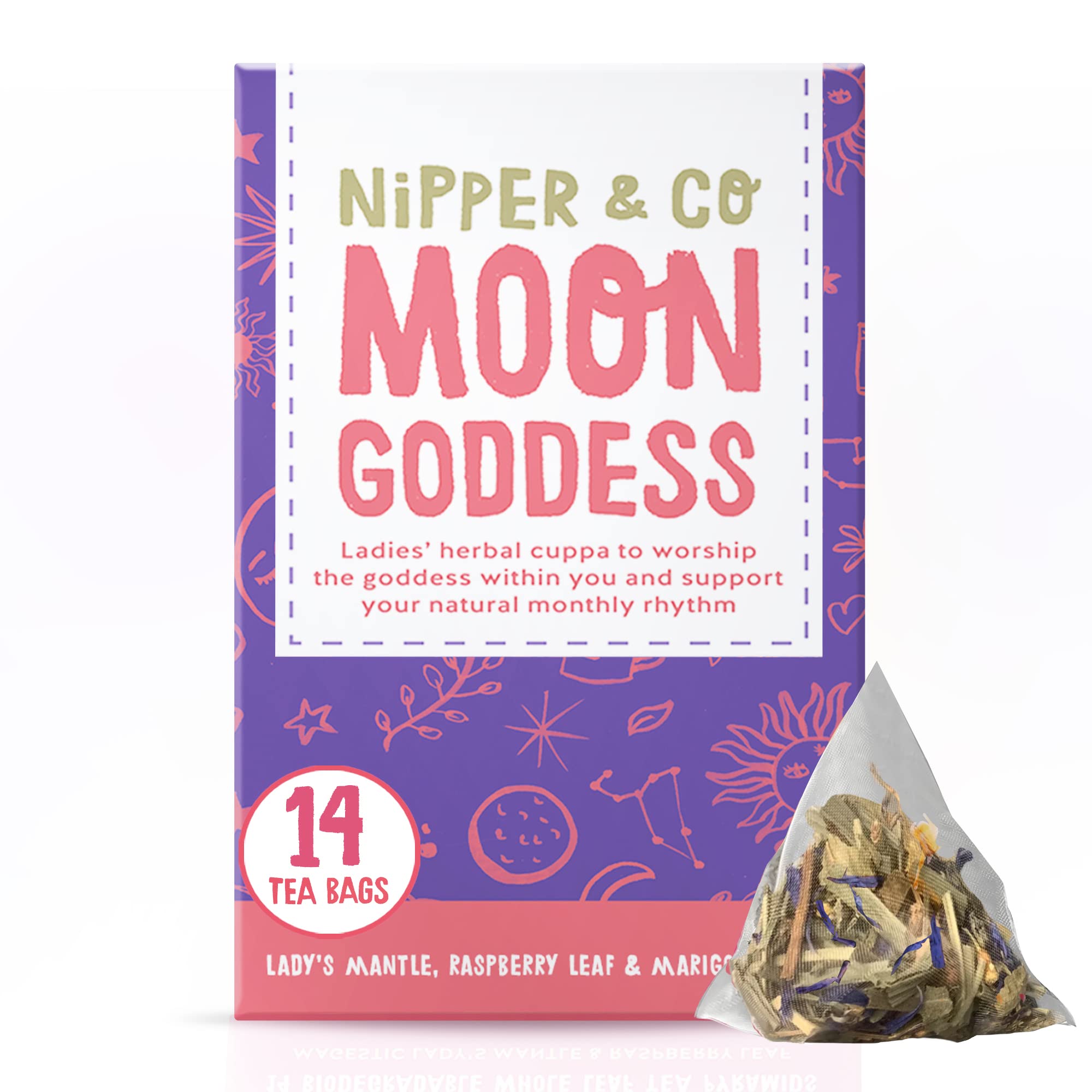 Nipper & Co, Moon Goddess Herbal Tea (14 Reusable Bags = 42 Cups) Ladies Mantle, Yarrow Root, Raspberry Leaf Tea Gift For Women, Natural & Biodegradable Pillow Teabags, Self Care Gifts